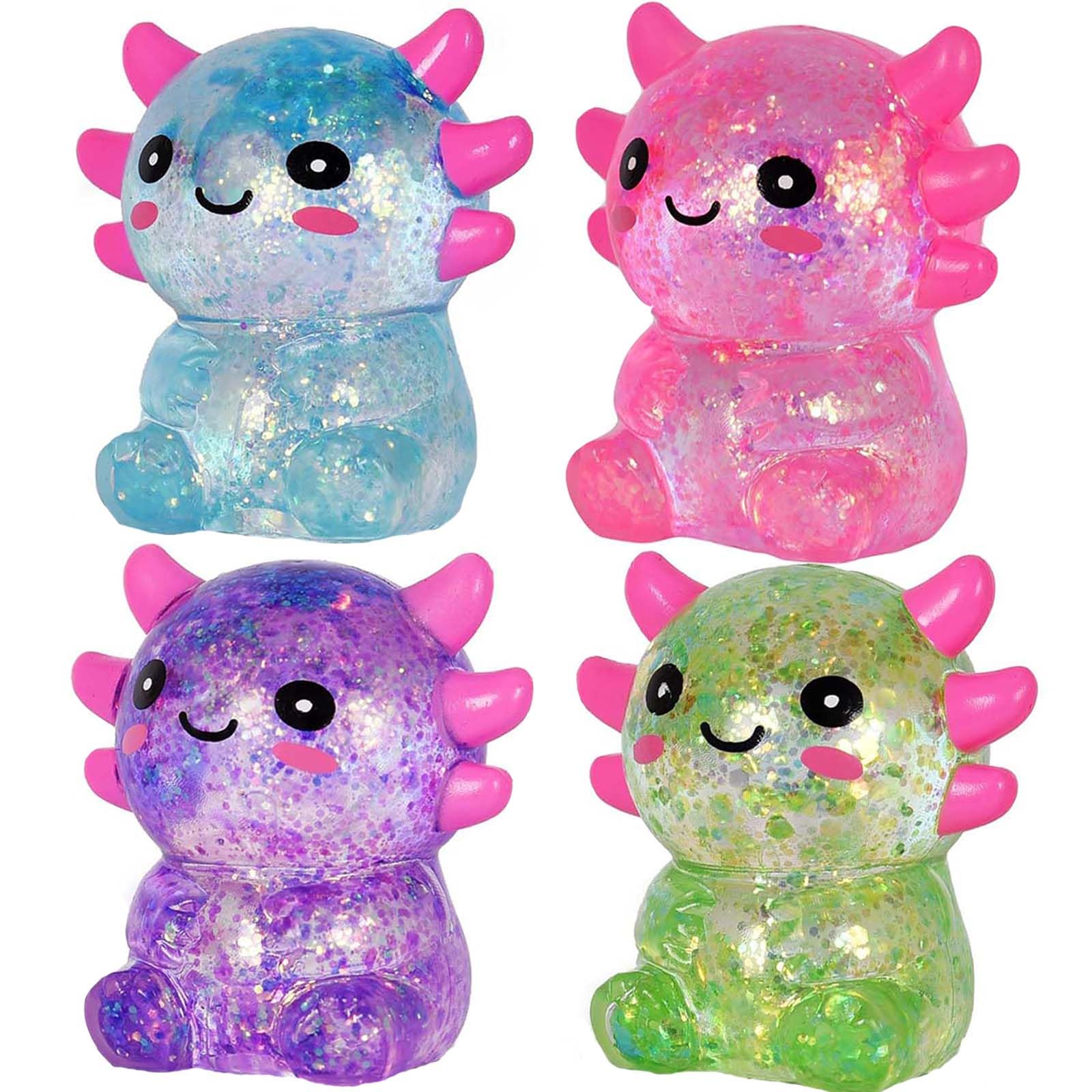 4PCS Axolotl Squishy Fidget Toys, Glitter Squeeze Stress Balls Cute Malt Sugar Axolotl Stress Relief Toy for Kids Youth Adult, Party Favors Anxiety Relief Sensory Toys
