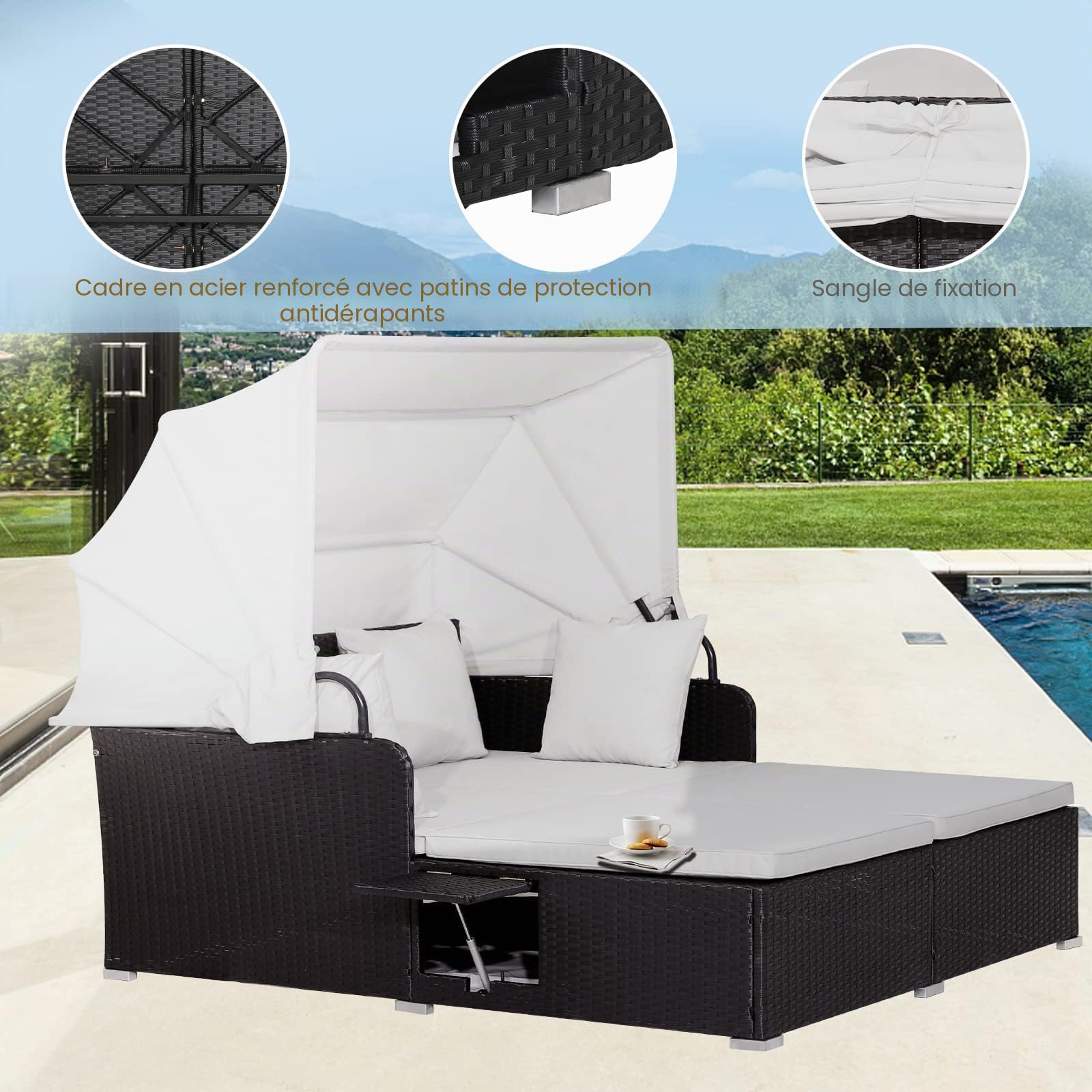 LIFEZEAL Chaise Longue Bain de Soleil à 2 Places, Canapé-lit de Jardin Extérieur avec Pare-Soleil, Transat en Rotin PE avec Coussin et Petite Table Basse, Charge de 360 KG, Blanc et Noir