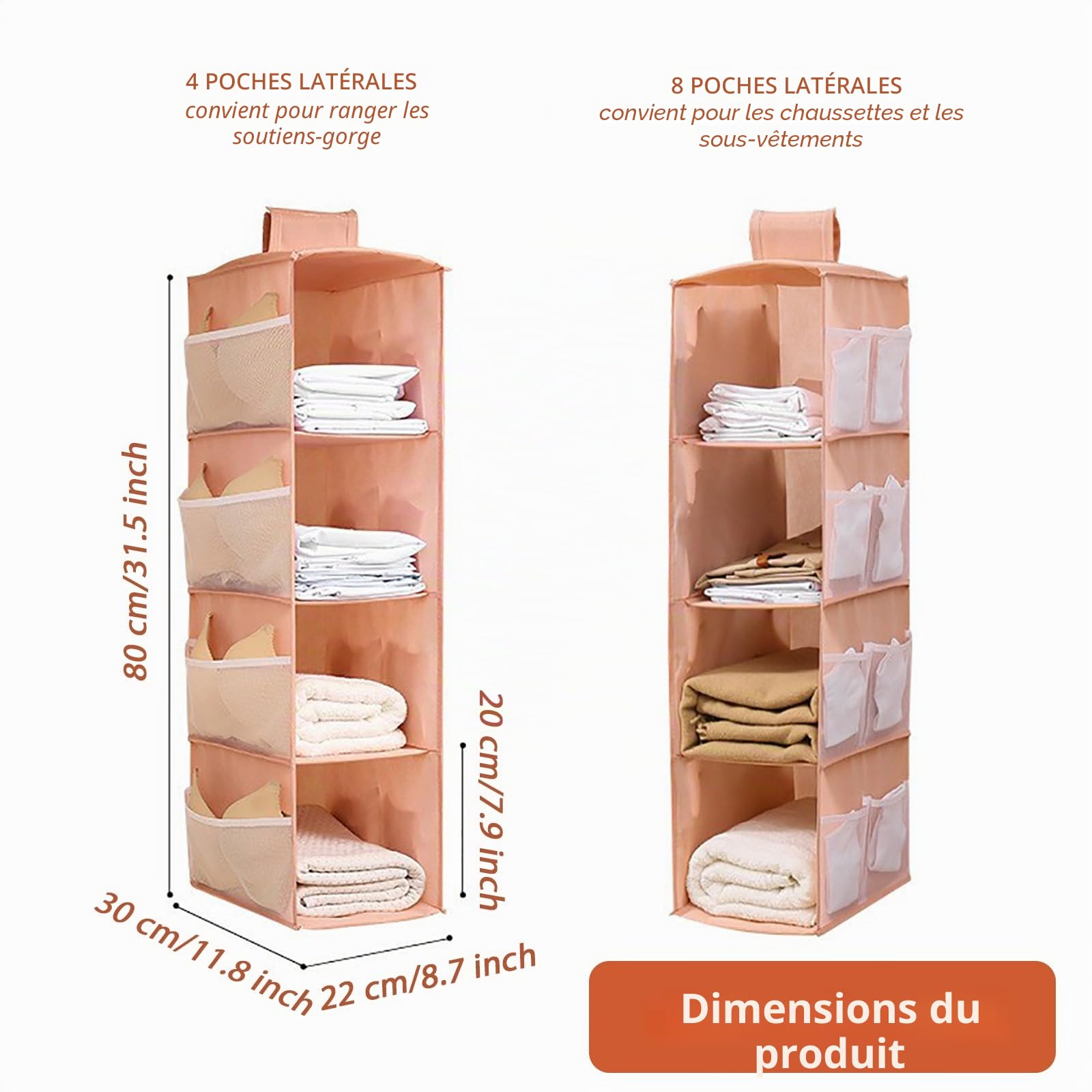 Lot de 2 étagères suspendues pour penderie, 4 Compartiments, avec 12 Poches latérales en Filet pour Armoire familiale, Chambre à Coucher, Pliables et Coupe Universelle (Gris et Rose)