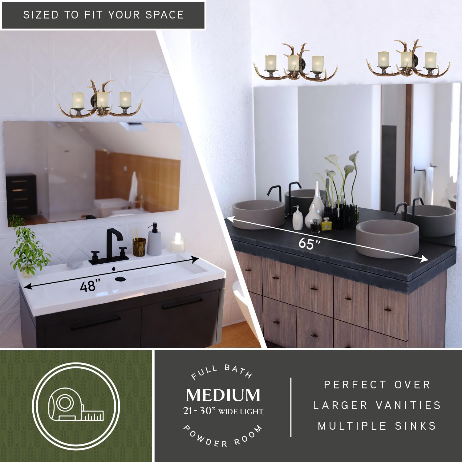 VAXCEL Yoho 3-Light 27.75 inch Wide Black Walnut Rustic Antler Cabin Bathroom Vanity Lighting Fixture, Creme Cognac Glass Shade, Dimmable, LED Compatible, Over the Mirror Mounted Wall Sconce