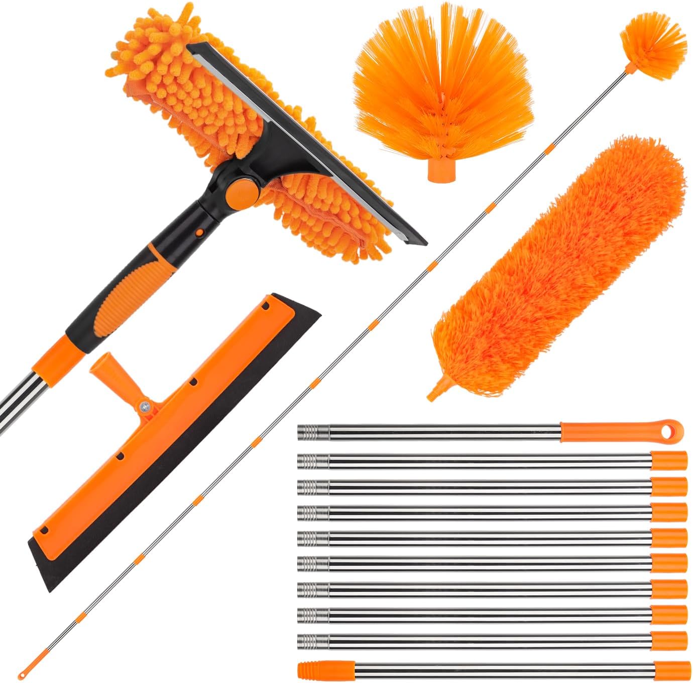 Telescopic Duster with Duster Long Extendable with 1.5 ~ 4.9 m, Telescopic Cleaning Brush and Microfibre Head, Window Squeegee with Scrubber, Spider Web Brush for Gaps Ceilings Cobwebs