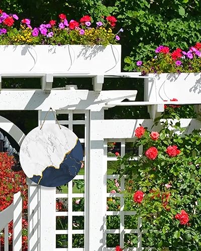 Miniatura 6 de Letrero de bienvenida para decoración de puerta delantera, patrón de mármol salvaje, dorado, azul marino, blanco, degradado, coronas de 10 pulgadas,