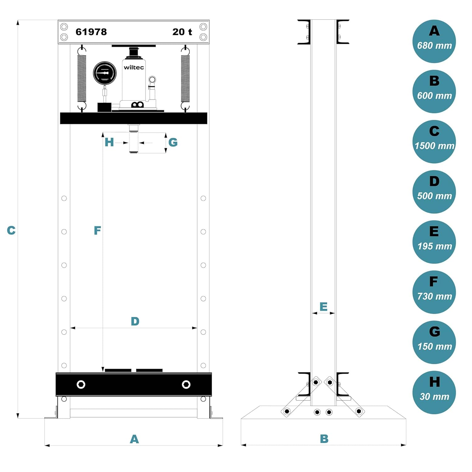 Technical drawing with labeled dimensions of the hydraulic press
