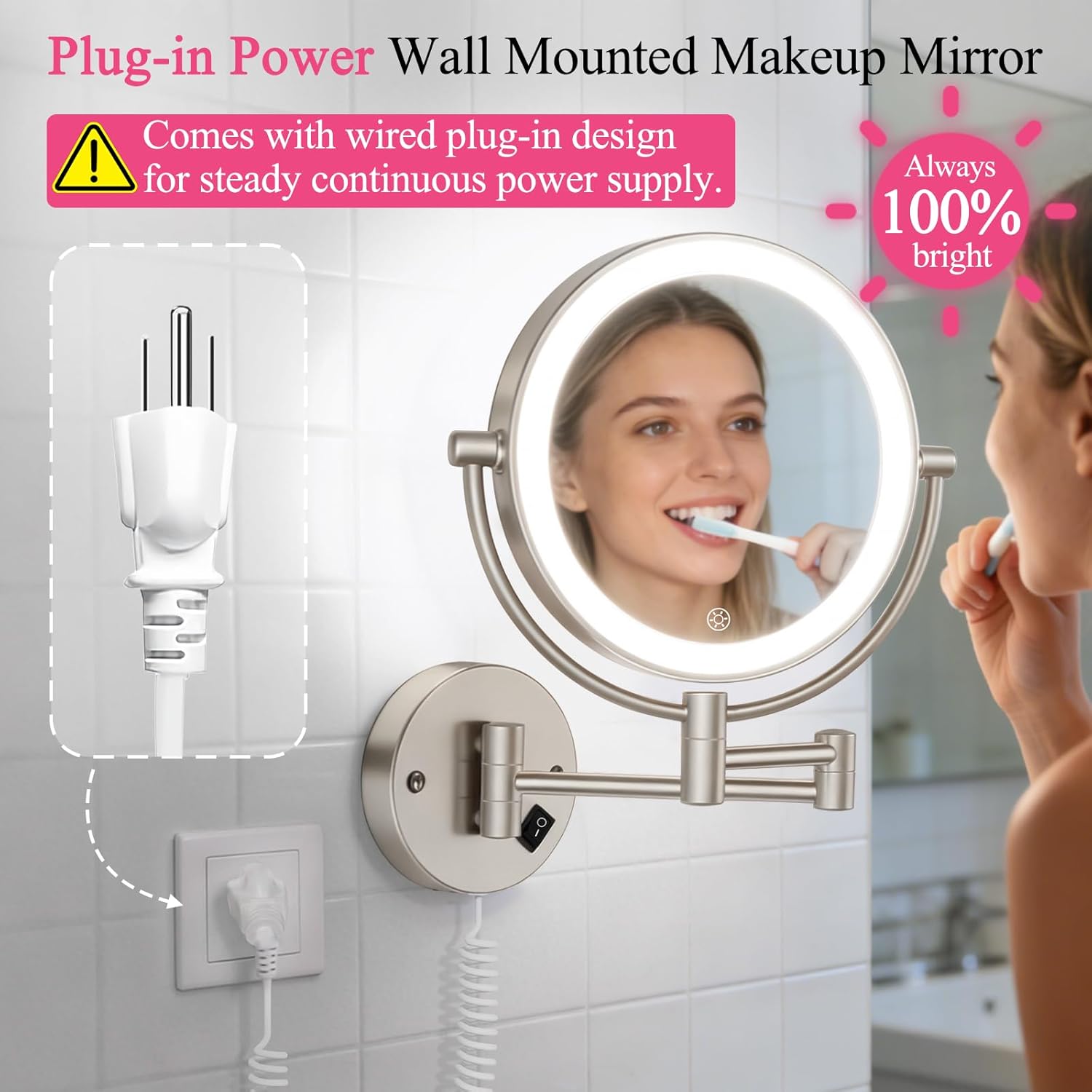 wall mounted makeup mirror with lights, 30x/1x double-sided magnifying, plug-in lighted vanity mirror with 3 color modes, dimmable brightness, 360° swivel extendable arm for bathroom & grooming 30x brush nickel