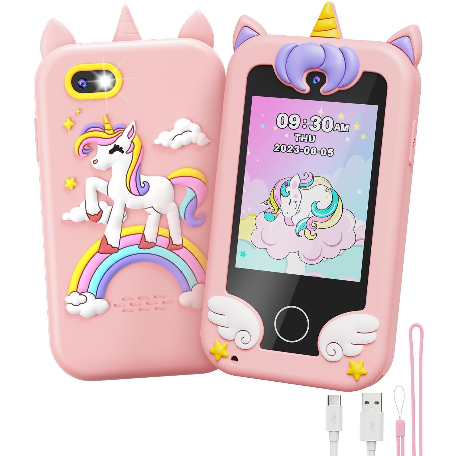 UCIDCI Unicorn Kids Smart Phone Toys for Boy Dual Camera &amp; Music Player Toddler Selfie Phone Toys Road Trip Toys with Learning Games, Christmas, Birthday Gifts for 3 4 5 6 7 Year Old Pink