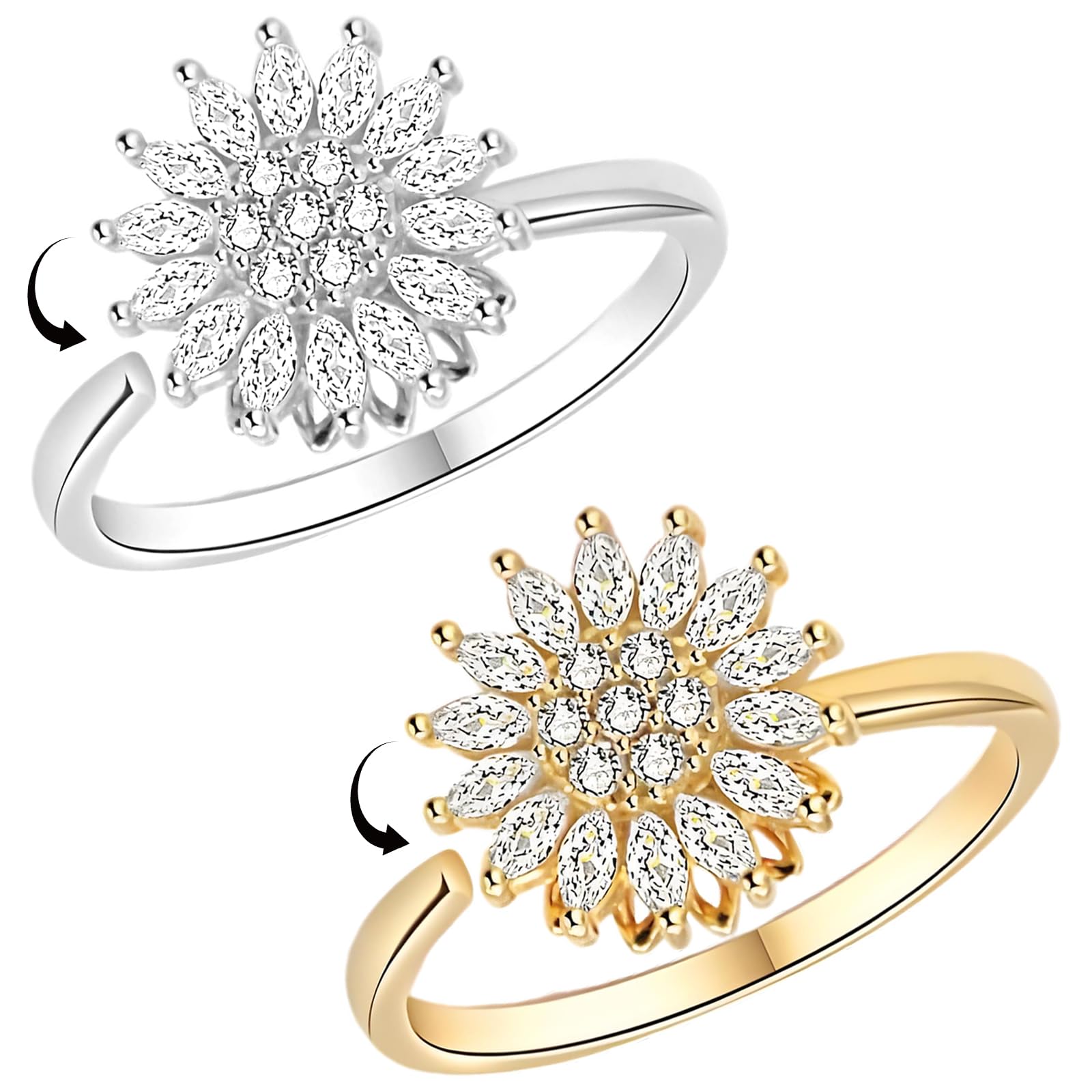 xwnyzw 2 Pcs Fidget Rings for Anxiety Women, Fidget Ring Gold and Silver Shining Spinner Rings for Women, Adjustable Open Sunflower Ring, Stress Relieving Gifts for Wives Girlfriends and Friends
