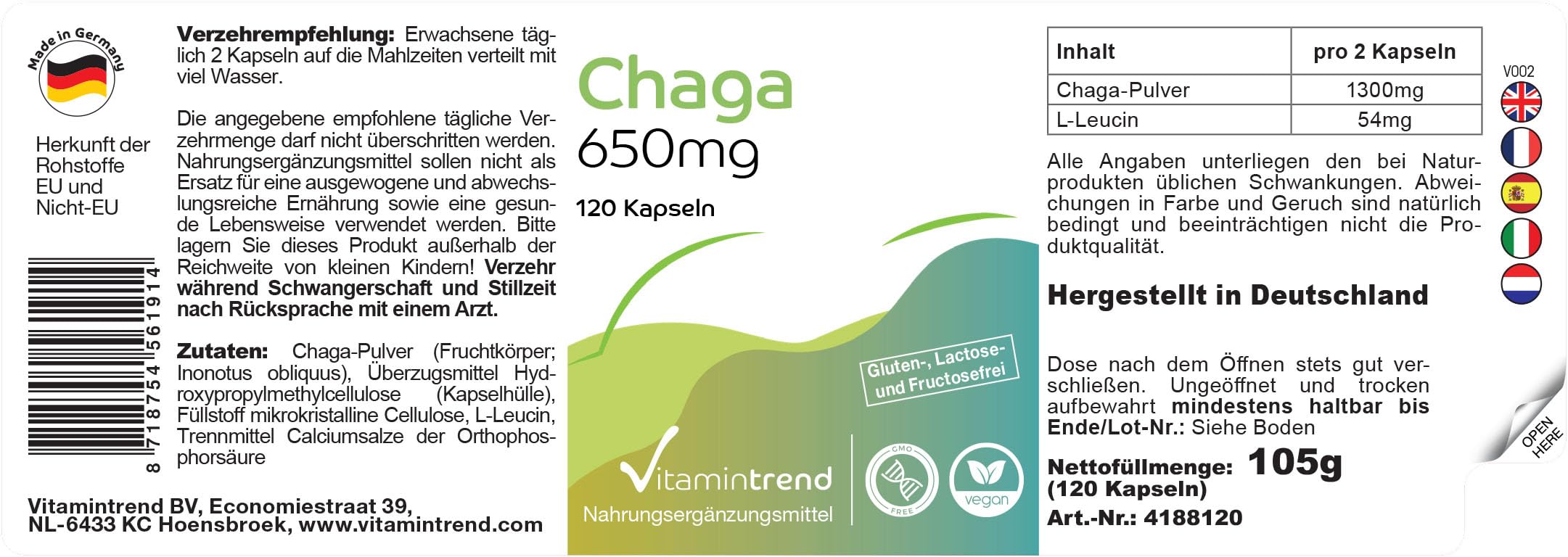 Vitamintrend Poudre de chaga 650 mg, 120 gélules, complément alimentaire végan sans stéarate de magnésium, fabriqué en Allemagne