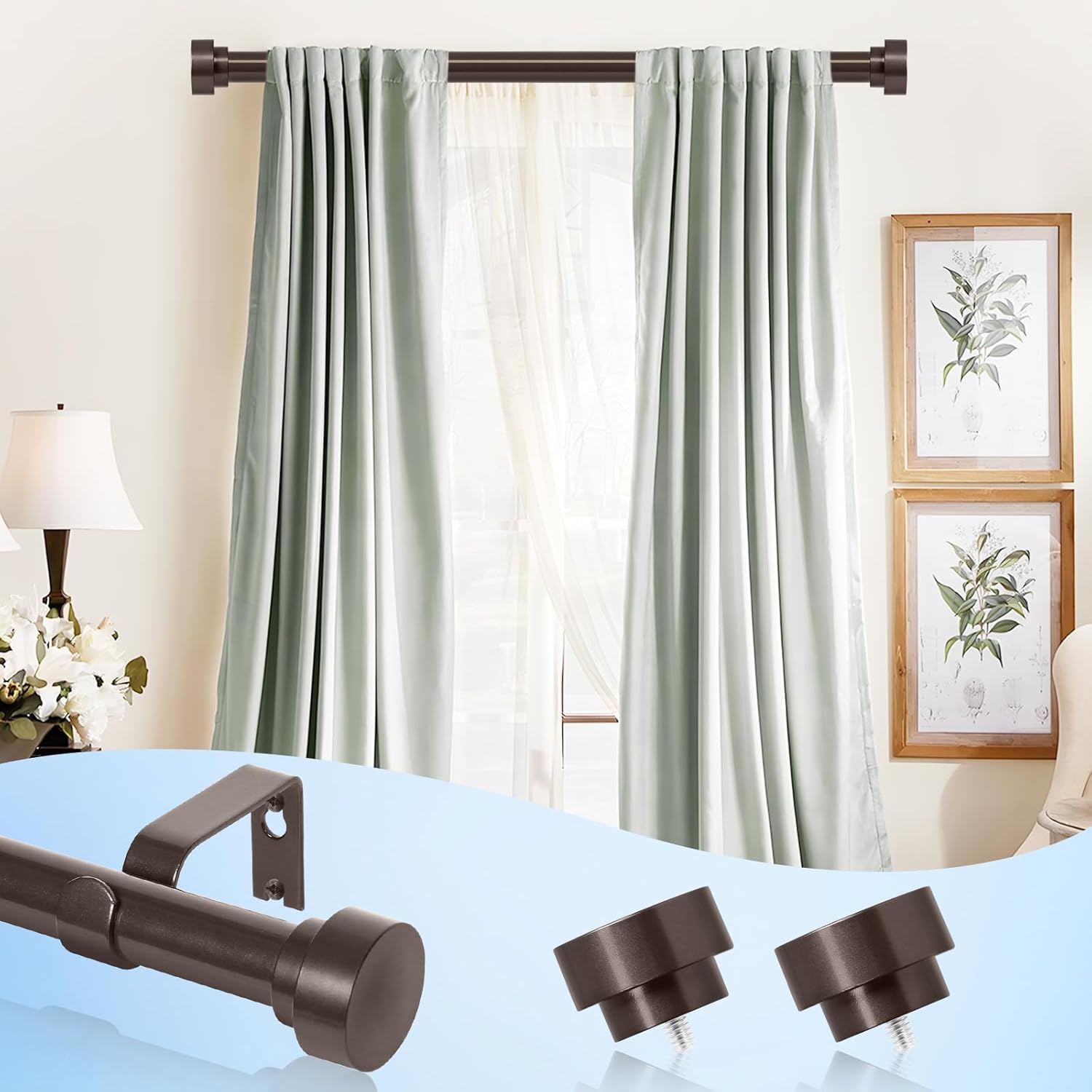 HEI! DEAR 2 Pack Bronze Curtain Rods for Windows 66 to 120 Inch(5.5-10ft),1 Inch Heavy Duty Curtain Rods,Long Adjustable Curtain Rod, Modern Drapery Rods,Telescoping Window Curtains Rod 36-120",Brown
