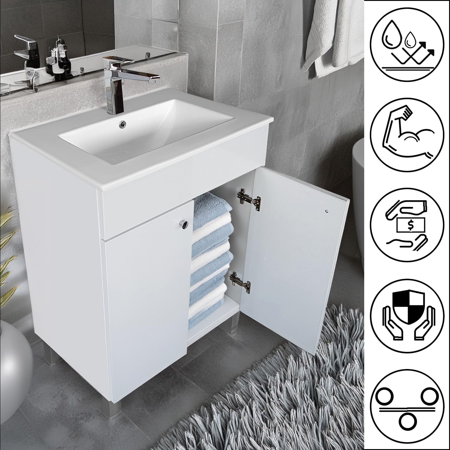 IGA Lavabo avec meuble sous vasque, à poser, angulaire, en céramique, ensemble de meubles de salle de bains, (blanc, 60 cm)