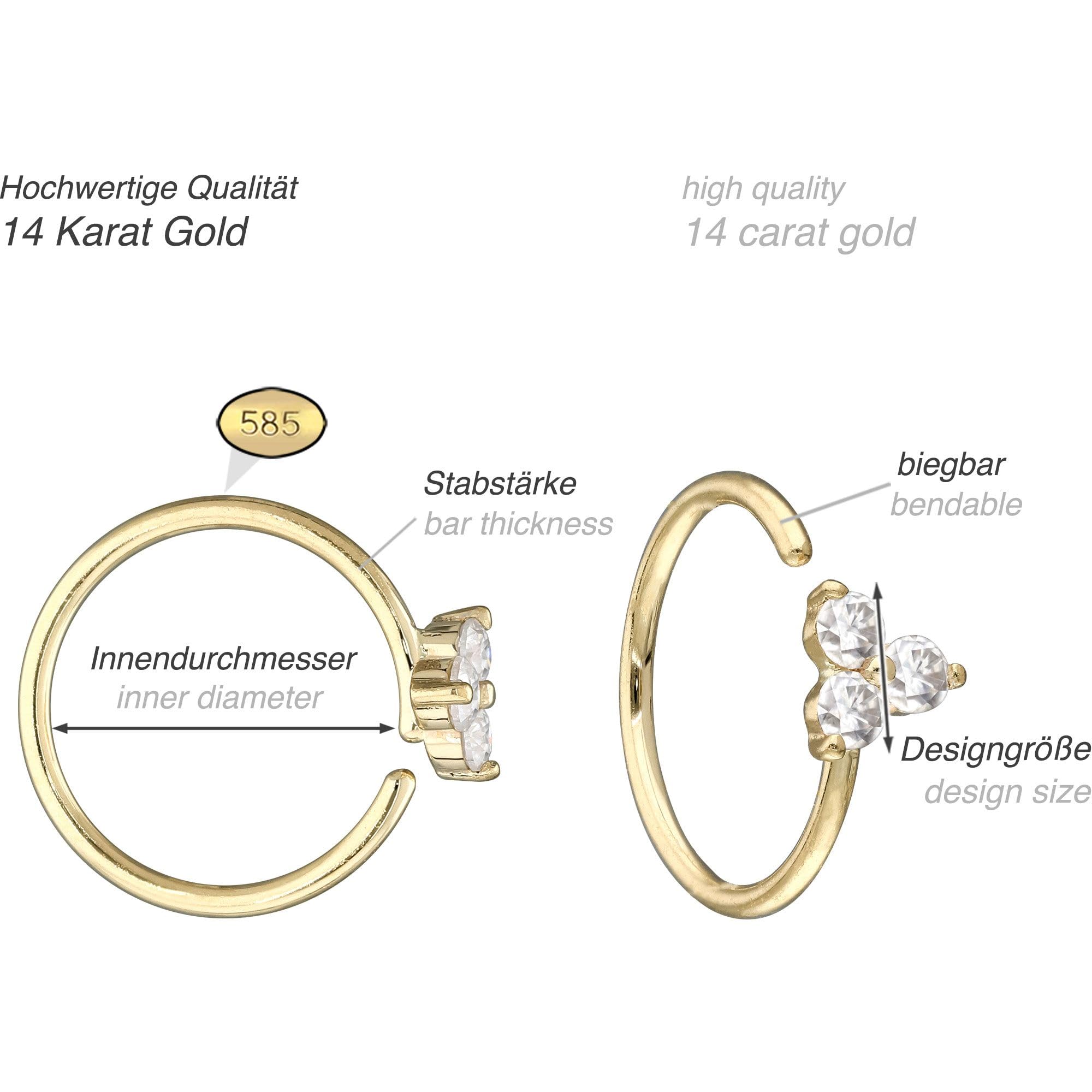 PIERCINGLINE Anillo para la nariz de oro de 14 quilates, diseño de flor de moissanita flexible, oro 585, 14 quilates
