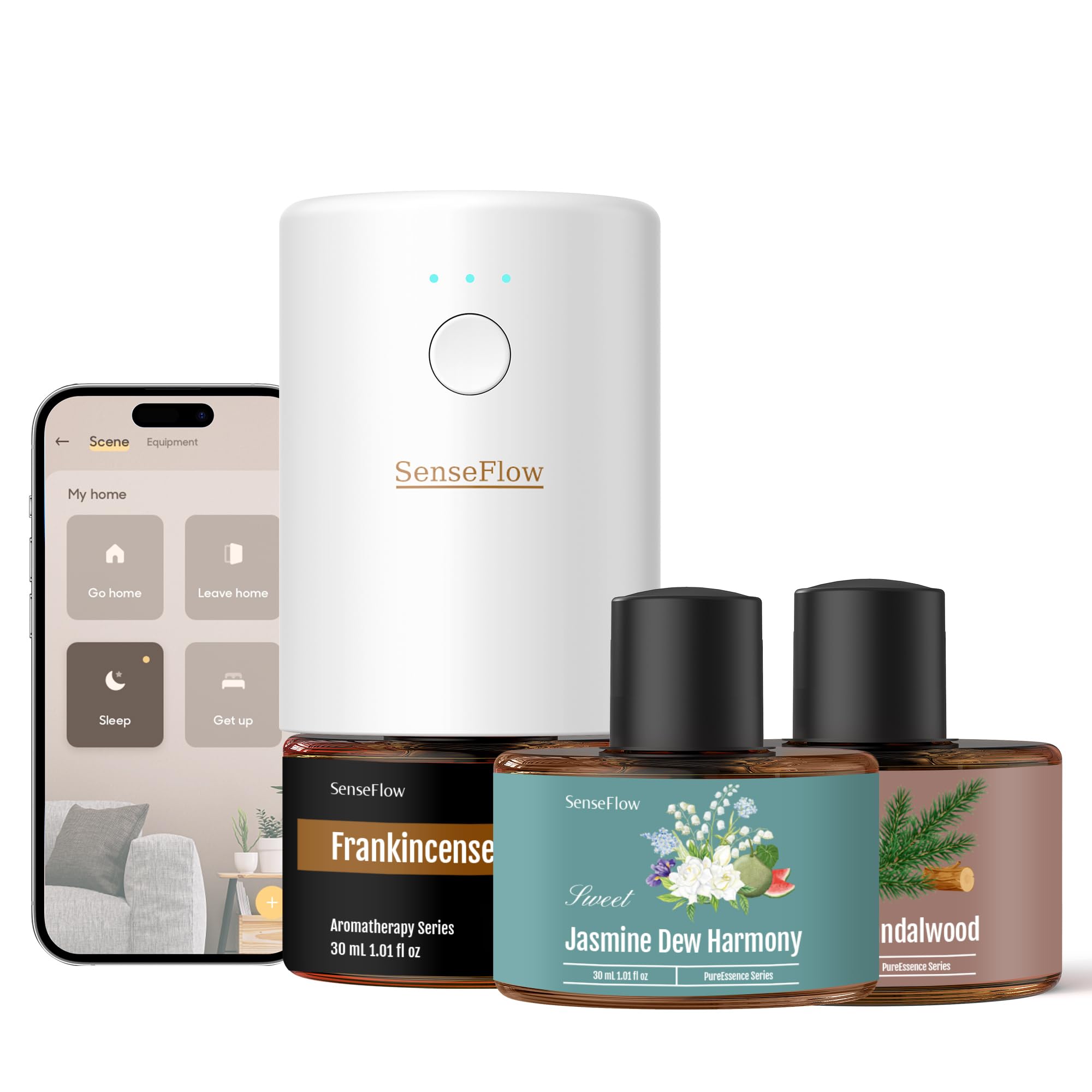 Dyfuzor zapachowy Wi-Fi SF101S Trio zestaw z 3 olejkami eterycznymi, bezwodna, ultradźwiękowa wtyczka zapachowa, 100% roślinny zapach do pomieszczeń, 120 dni aromatu do domu do 100 m² - F