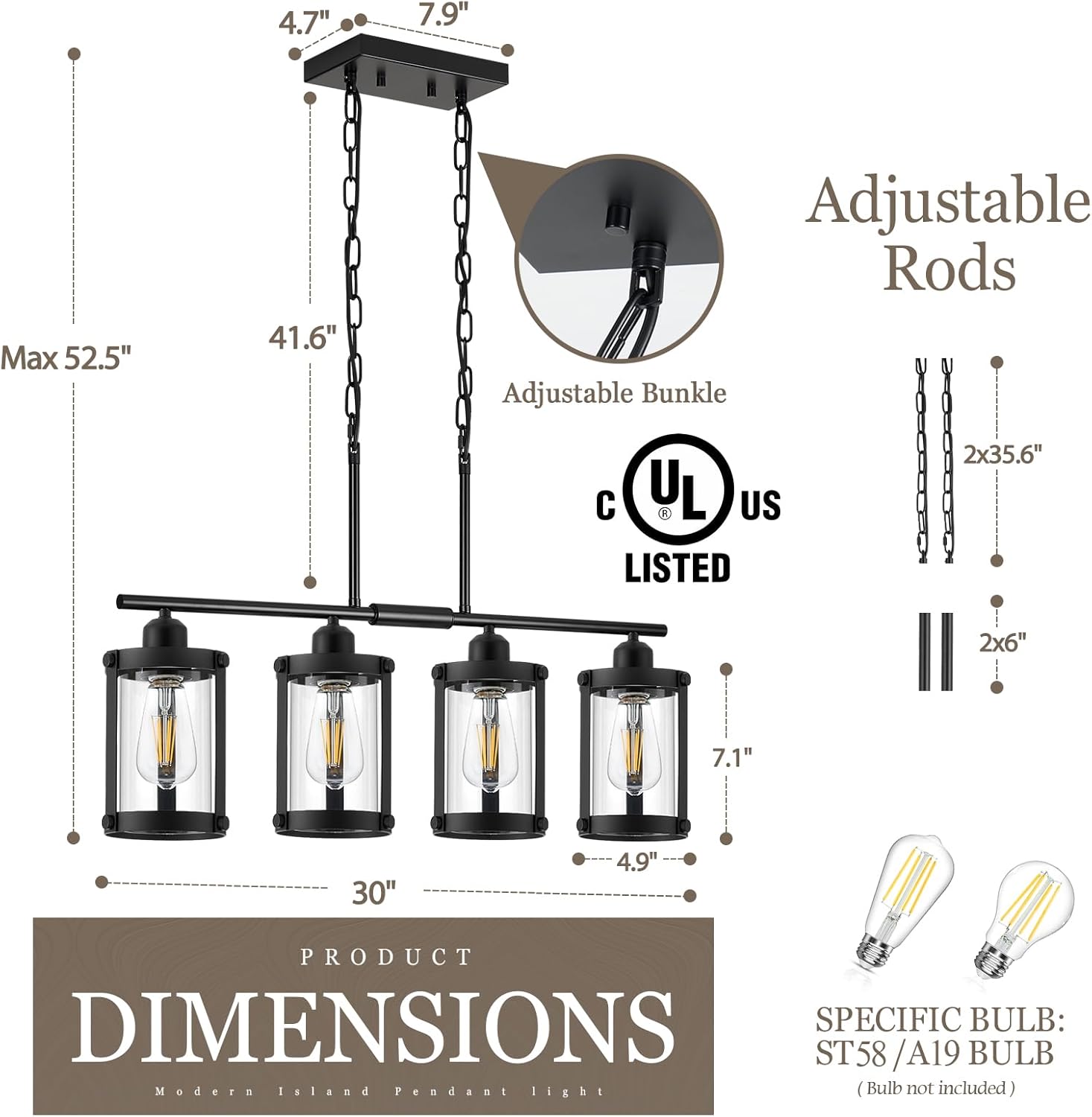4-Light Kitchen Island Lighting, Black Linear Dining Room Light Fixtures with Clear Glass and Chain, Modern Farmhouse Chandelier Pendant Light for Kitchen Island Dining Room, OS-3014-4ISBK