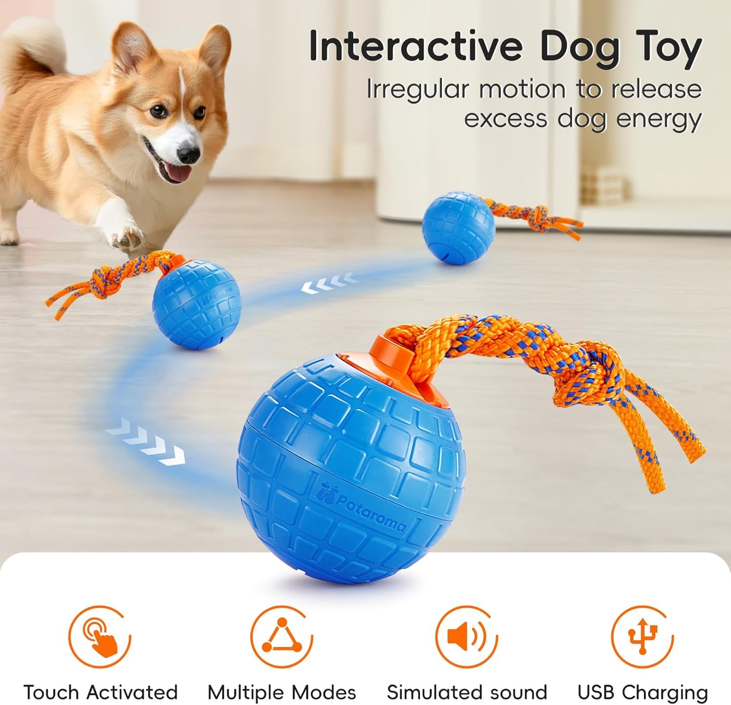 Potaroma Jouet interactif pour Chien - Activation Tactile - Jouet sonore couineur pour Chien - Balle Mobile pour l'exercice du Chiot avec Corde à mâcher - Bleu Delft
