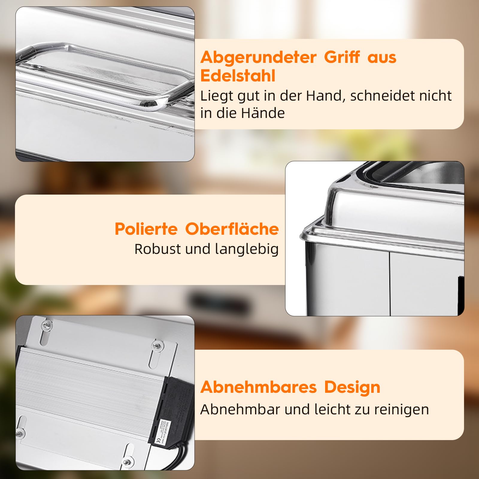 Chafing Dish, scaldabagno elettrico in acciaio inox da 9 l, temperatura regolabile, contenitore elettrico con coperchio in vetro visibile per buffet e banchetti, 1/3 Pan