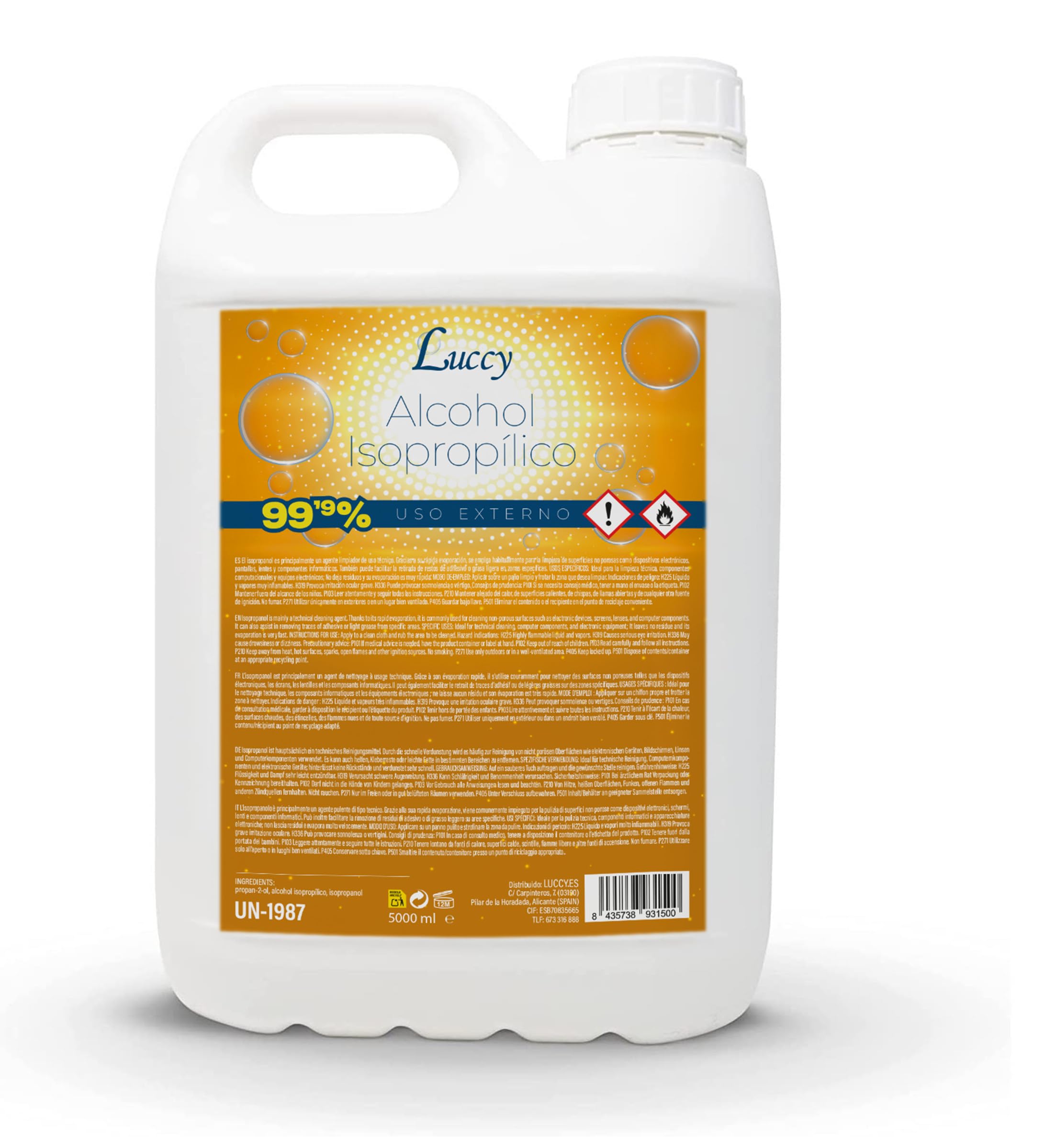 Alcohol Isopropílico 99,9% Puro 5 Litros | Isopropanol - Limpieza de Superficies y Componentes Electrónicos