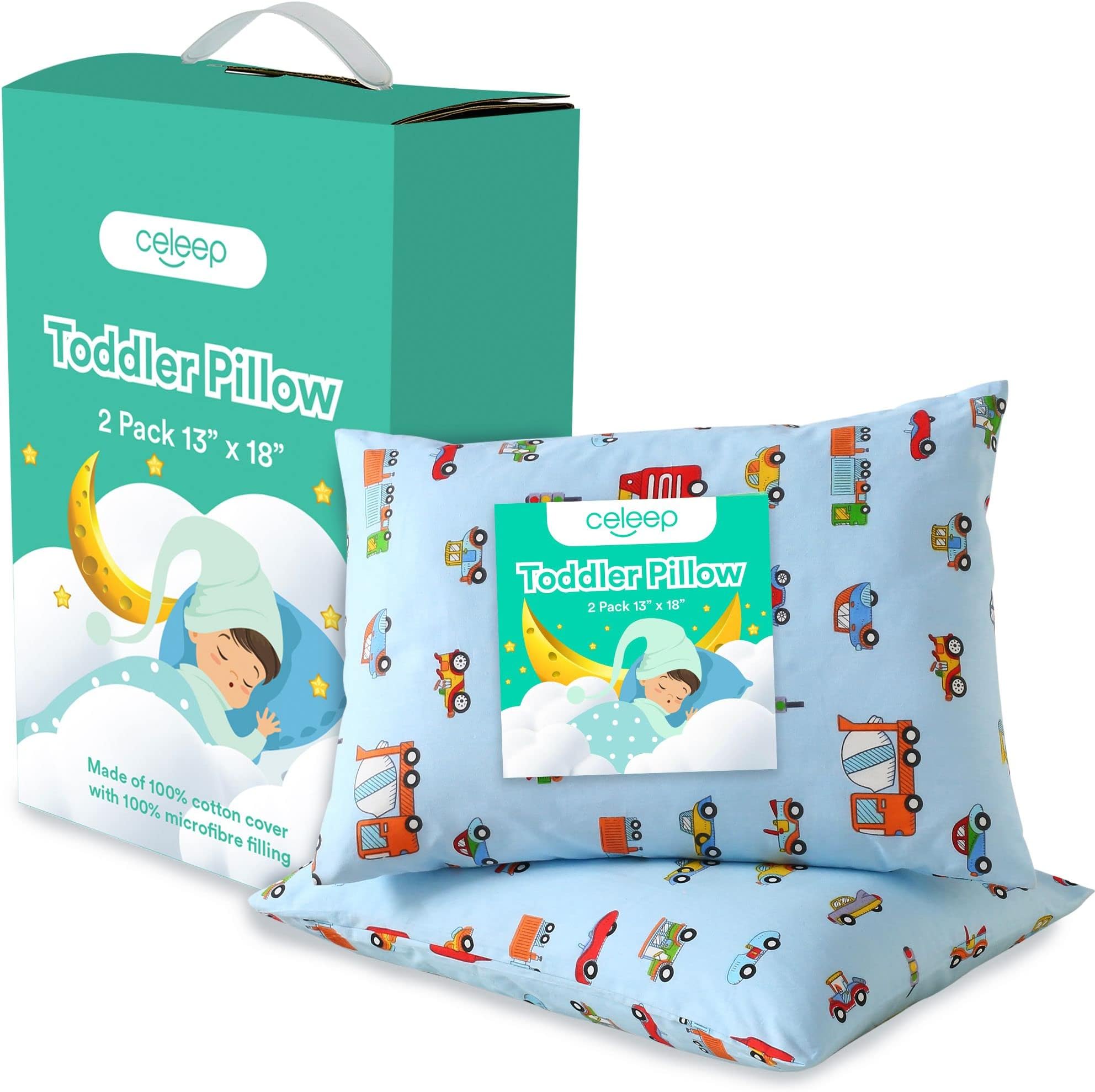 Celeep [2-Pack] Baby Toddler Pillow Set - 13 x 18 Inches Toddler Bedding Small Pillow - Baby Pillow with 100% Cotton Cover (2-Pack Set w/Blue Pillowcases)