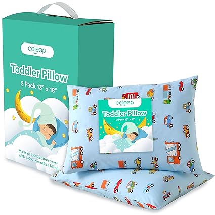 Celeep [2-Pack] Baby Toddler Pillow Set - 13 x 18 Inches Toddler Bedding Small Pillow - Baby Pillow with 100% Cotton Cover (2-Pack Set w/Blue Pillowcases)