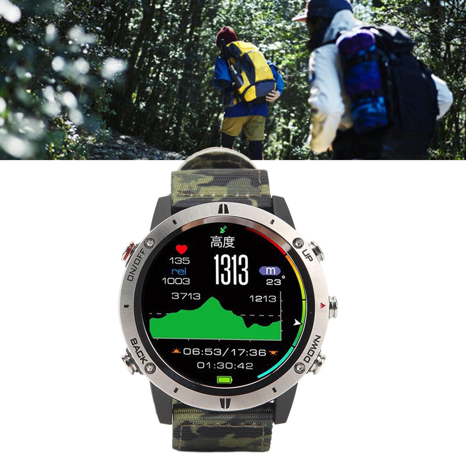 Jiawu Smartwatch Fitness, Acciaio Inossidabile e Nylon Smartwatch da Uomo con APP per Ciclismo (Camuffare)