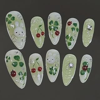 24Pc St. Patrick's Day Press on Nails Almond Medium Glitter Lucky Four-Leaf Clover Fake Nail Tip Green Shamrock Irish Design,Cute 3D Cherry Bunny Nail Set,Green Kawaii Nail Gift for Women DIY Manicure