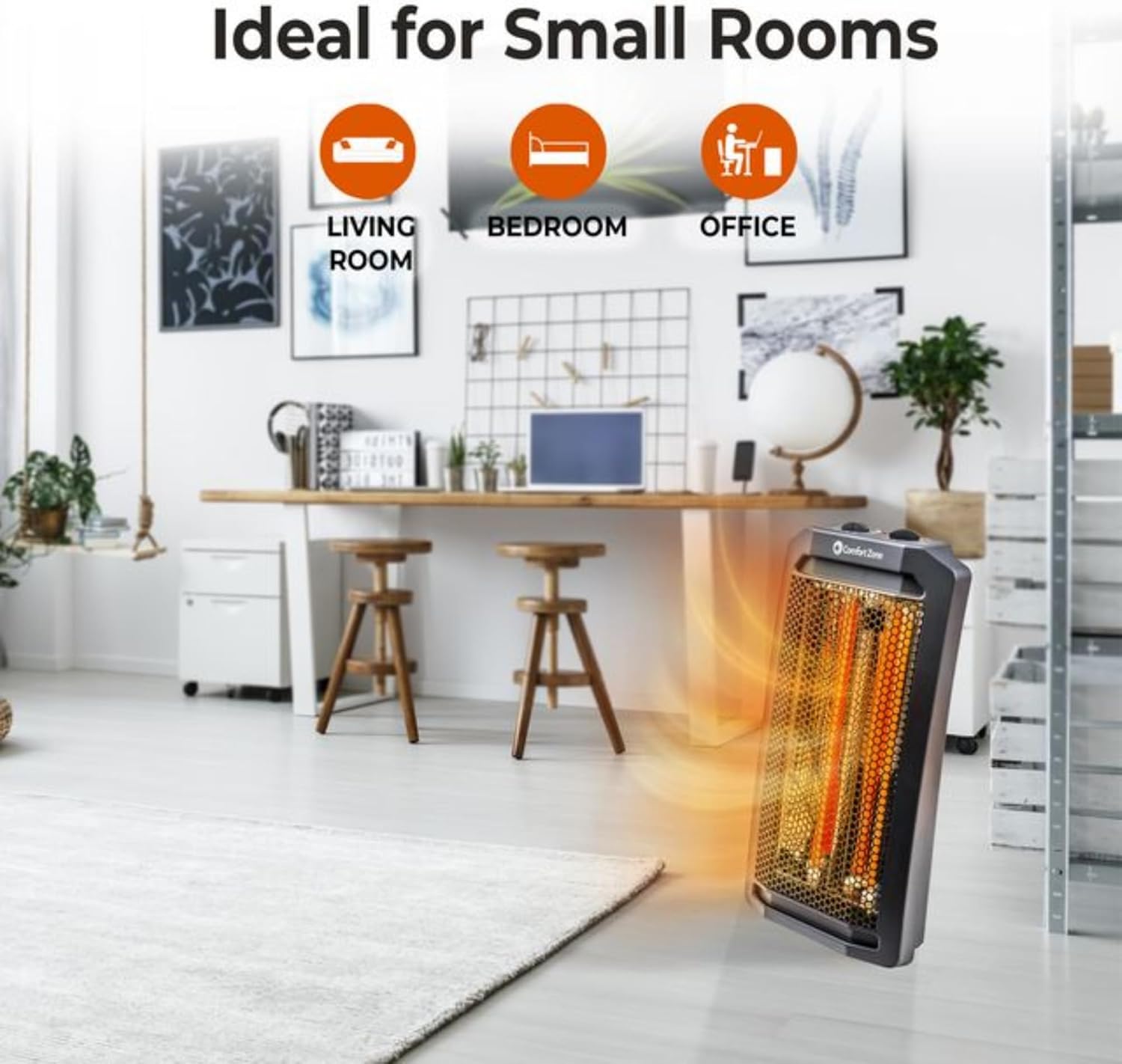 Comfort Zone Tower Space Heater in a room setting, with icons indicating 'Ideal for Small Rooms' like Living Room, Bedroom, and Office