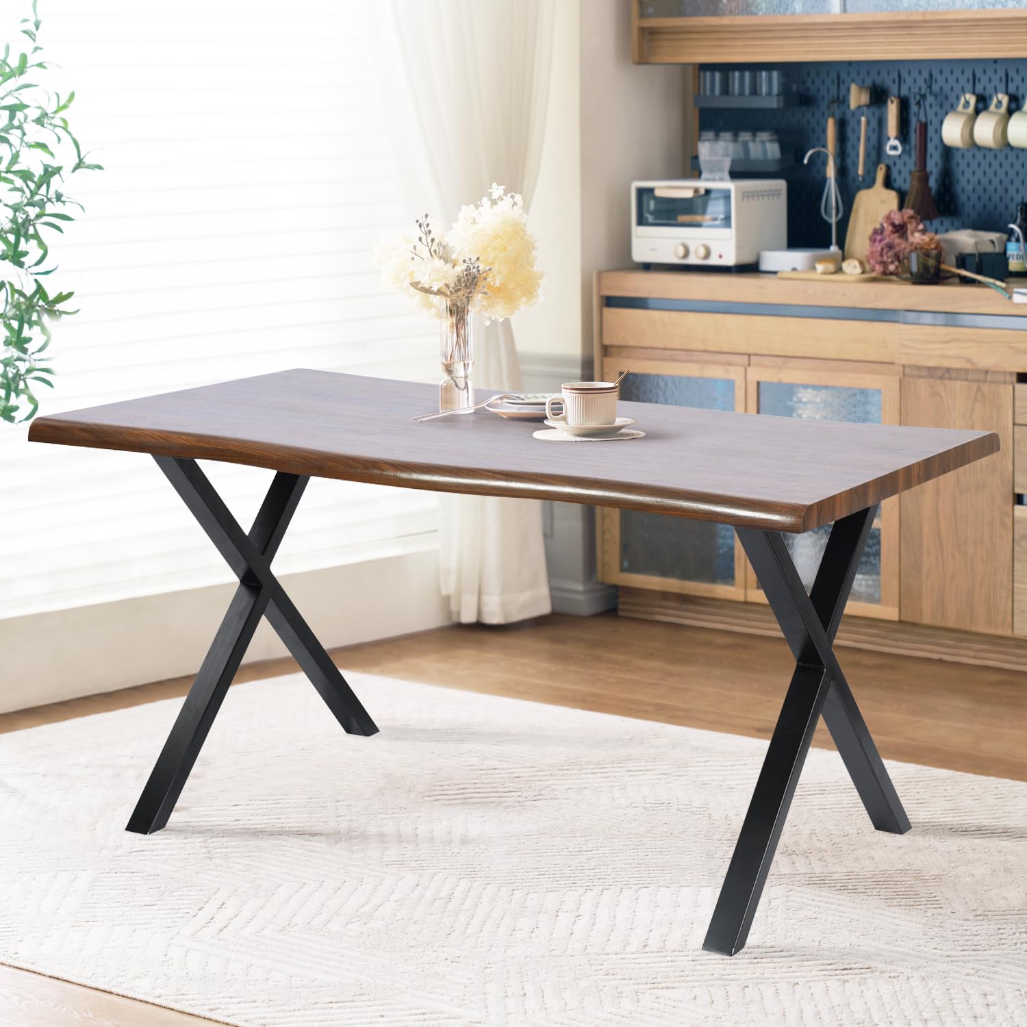 Photo 1 of FurnitureR 63 inches Dining Table for 6-8 People with Solid Wood Top and Strong Metal Frame Farmhouse Style Heavy Duty Rectangular for Home and Kitchen, Dark Brown