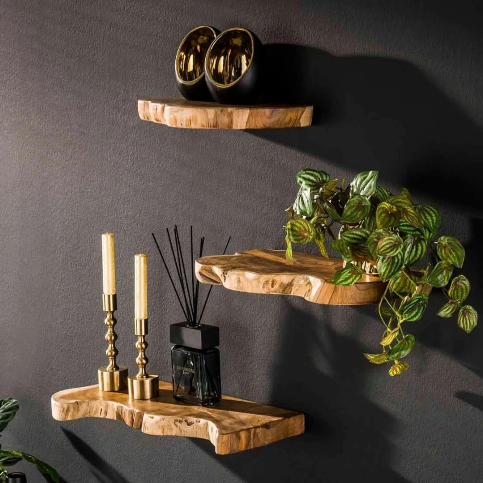 RINGO-Living Massivholz Schweberegal Baumkante in Natur-dunkel, Wandregale 3er Set 40 cm, Landhaus Wandregal aus Teakholz, Schlichtes Wandregal Holz, Massiv Natur Holzbrett Wand Echtholz