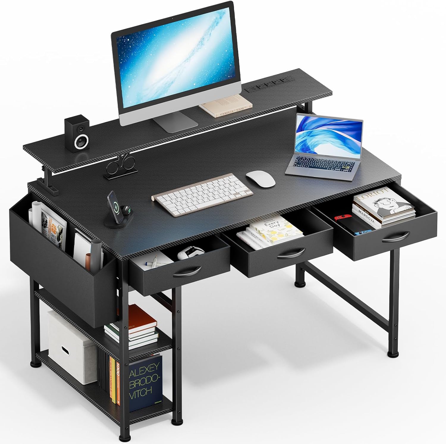 DOMICON Black Gaming Desk with LED Lights and Power Outlets, 47 Inch Computer Desk with 3 Drawers and Adjustable Monitor Stand, Home Office Desks with Charging Station USB Port, Study Writing Table