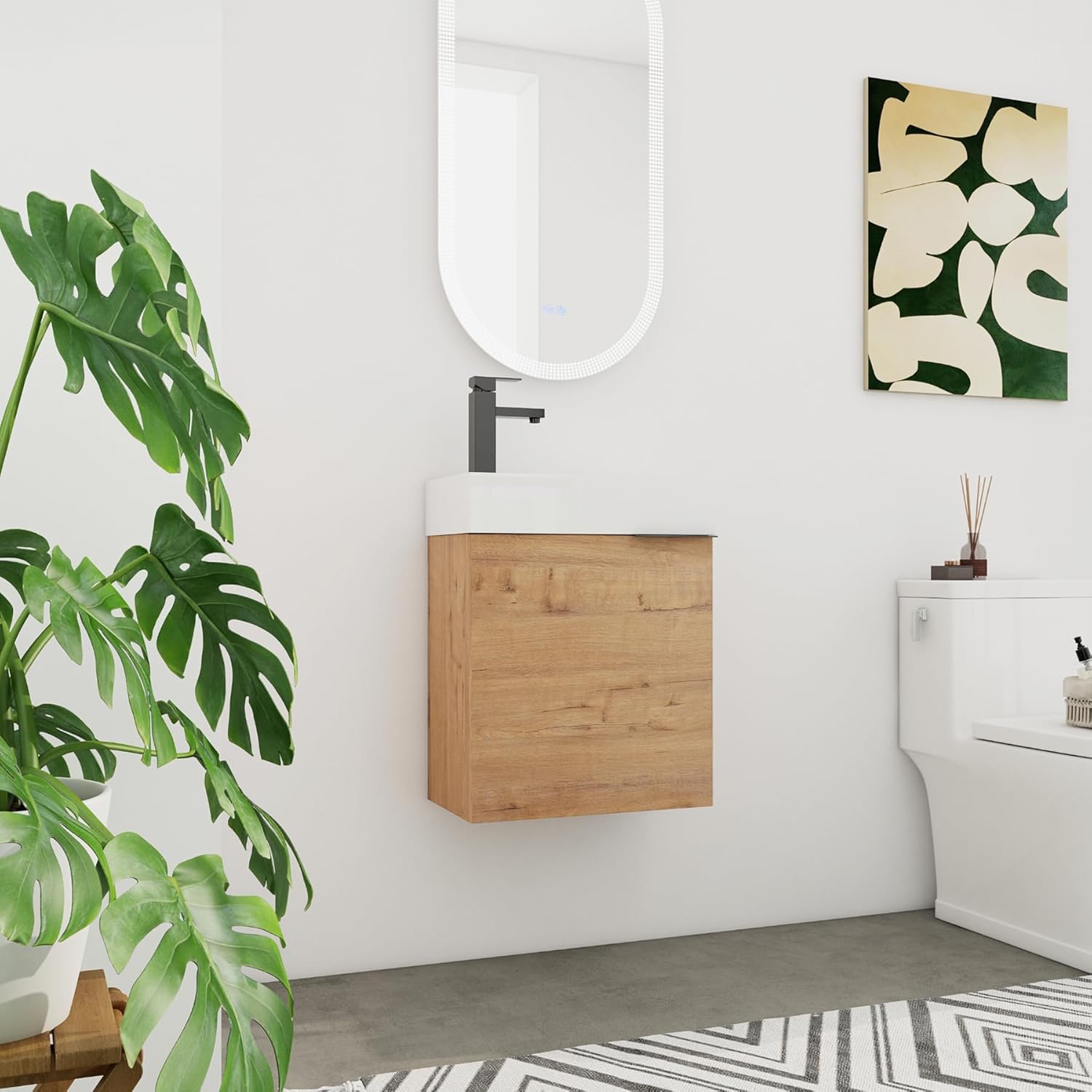18" Floating Bathroom Vanity with Resin Sink Combo for Small Space, Modern Wall Mounted Bath Storage Cabinet Vanity Set, Wood Door and Inset Basin (Oak-B, 18")