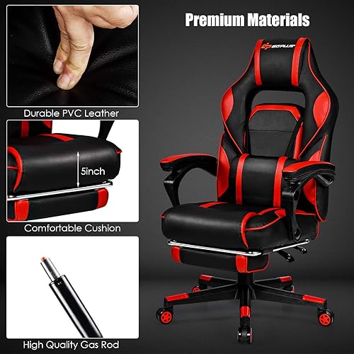 Miniatura 7 de Goplus Silla de masaje para juegos, respaldo reclinable, ajuste de altura del asiento, silla de oficina para computadora de carreras con reposapiés,