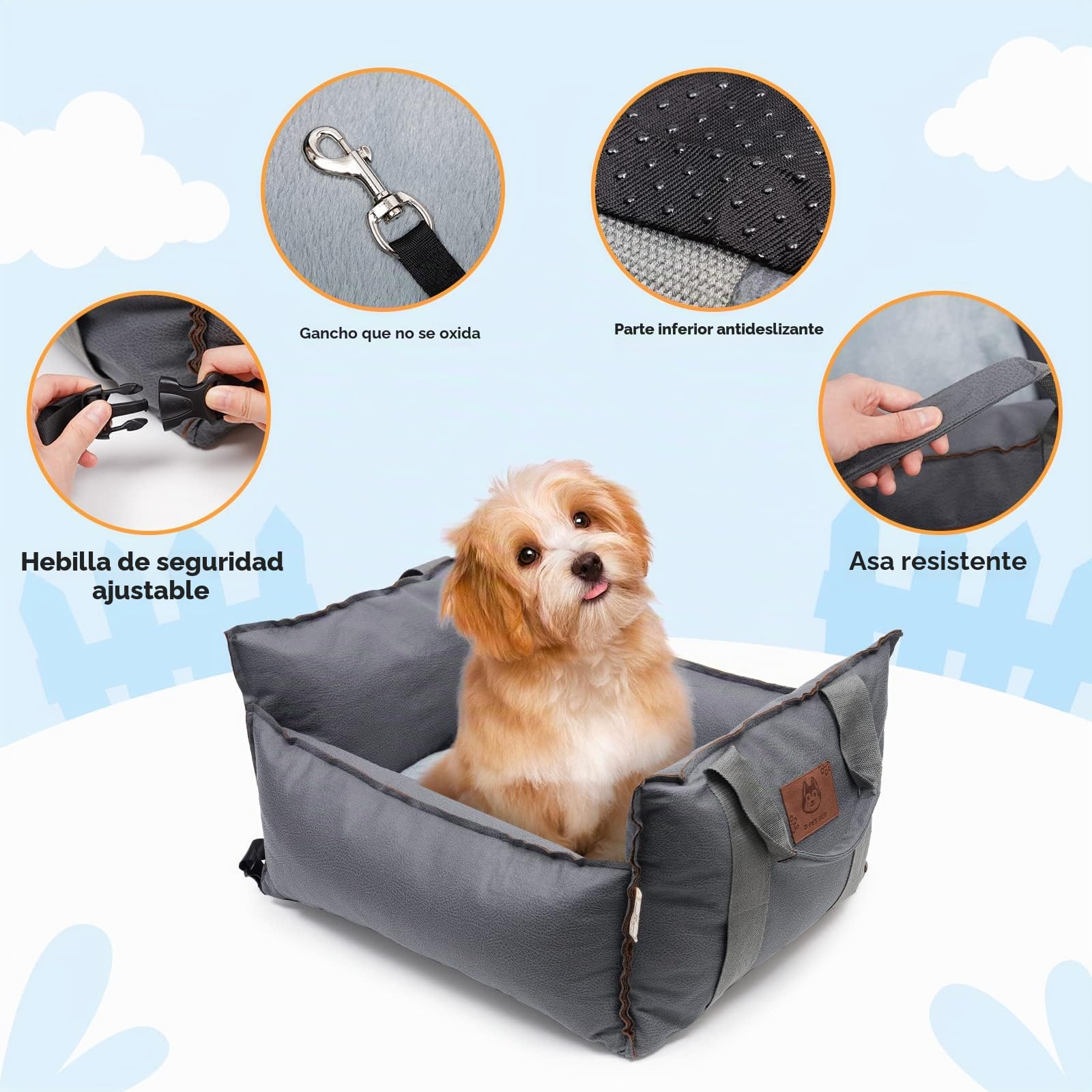 Asiento Elevador de Coche para Perros y Gatos - Cama para Mascotas de Doble Uso de Tela Versátil Cojín Grueso y Cinturón Seguridad (Azul Gris)