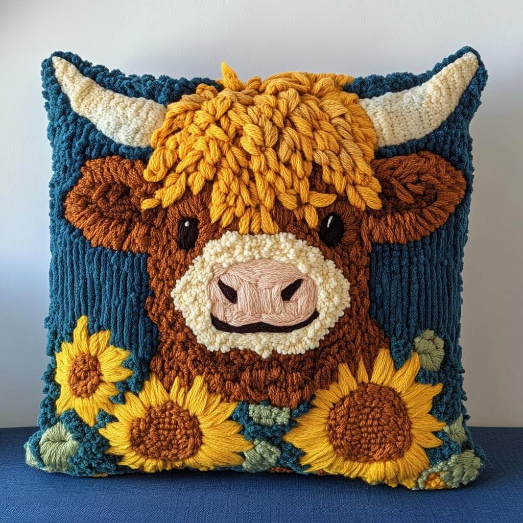 DIY Punch Needle Pillow Kit Cute Highland Cow and Sunflowers with Pattern and Hoop Handmade Embroidery Punch Needle Starter Pillowcase Set for Home Sofa Decor 43x43cm-1-17