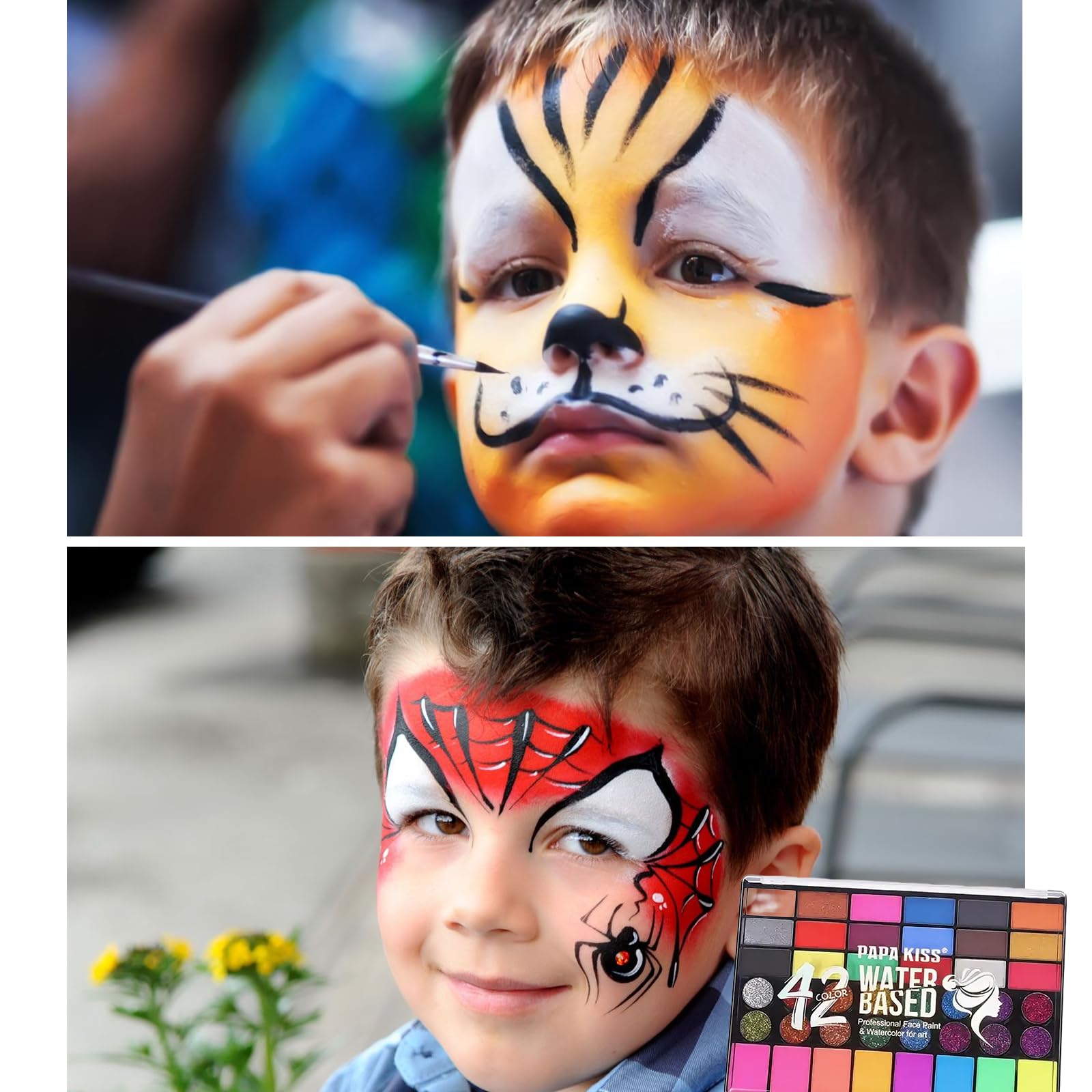 Palette Maquillage Enfant 42 Couleurs, Peinture Corporelle Visage avec 10 Pinceaux, 8 Pochoirs, 4 Éponges, Autocollants & Strass, Idéal Carnaval, Anniversaire, Halloween