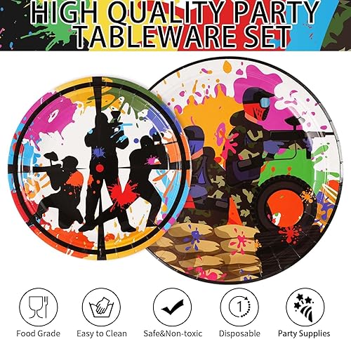 Miniatura 3 de Juego de 96 platos y servilletas de papel de paintball, decoración de fiesta de neón de paintball, suministros de vajilla para niños