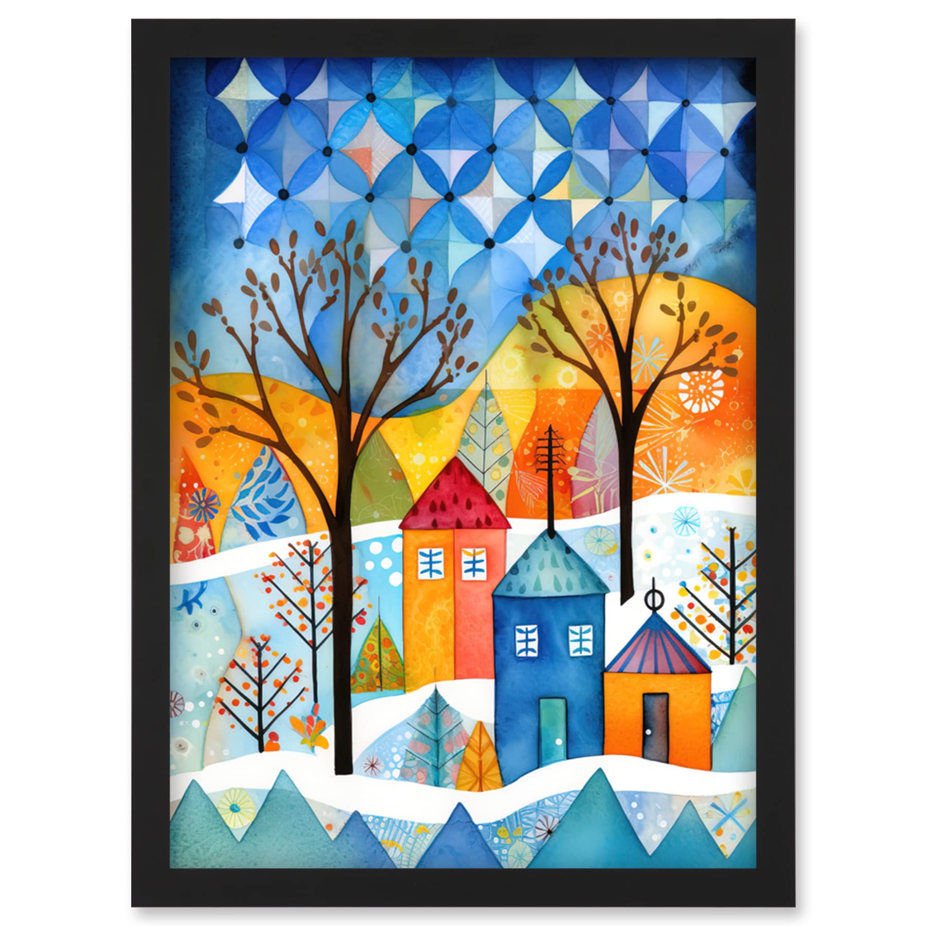 Artery8 Abstract Winter Snowfall Folk Art Artwork Framed Wall Art Print A4