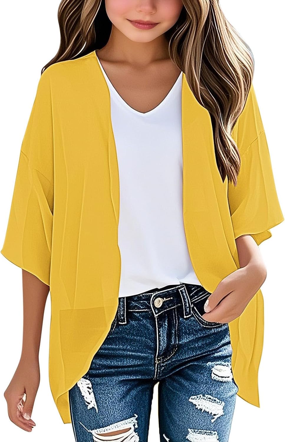 Girls Chiffon Kimono Loose Casual Open Front Cover Ups 3/4 Sleeve Cardigan Lightweight Jacket Summer Rash Guard