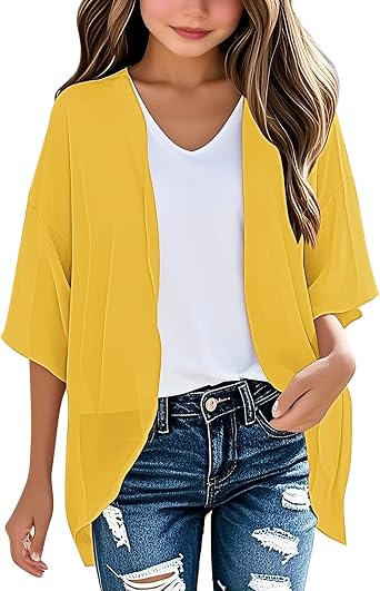 Girls Chiffon Cardigan 3/4 Batwing Sleeve Cover Up Teen Lightweight Open Front Kimono Loose Tunic Blouse Beach Cover Up