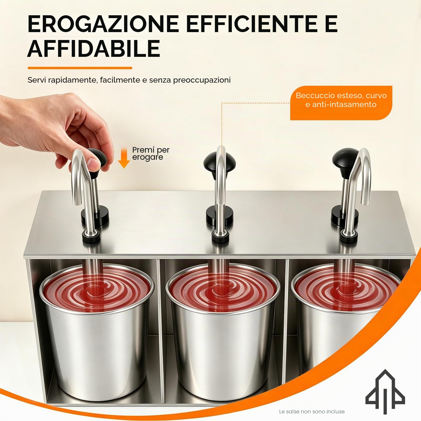 Pompa per Salsa a 3 Teste in Acciaio Inox, OT-TWYJ-2964-EU Distributore di Salsa da Banco con 3 Vasche da 4L, Pompa Erogatrice per Salsa di Soia, Aceto, Olio, Ideale per Cucina, Ristorante, Hotel
