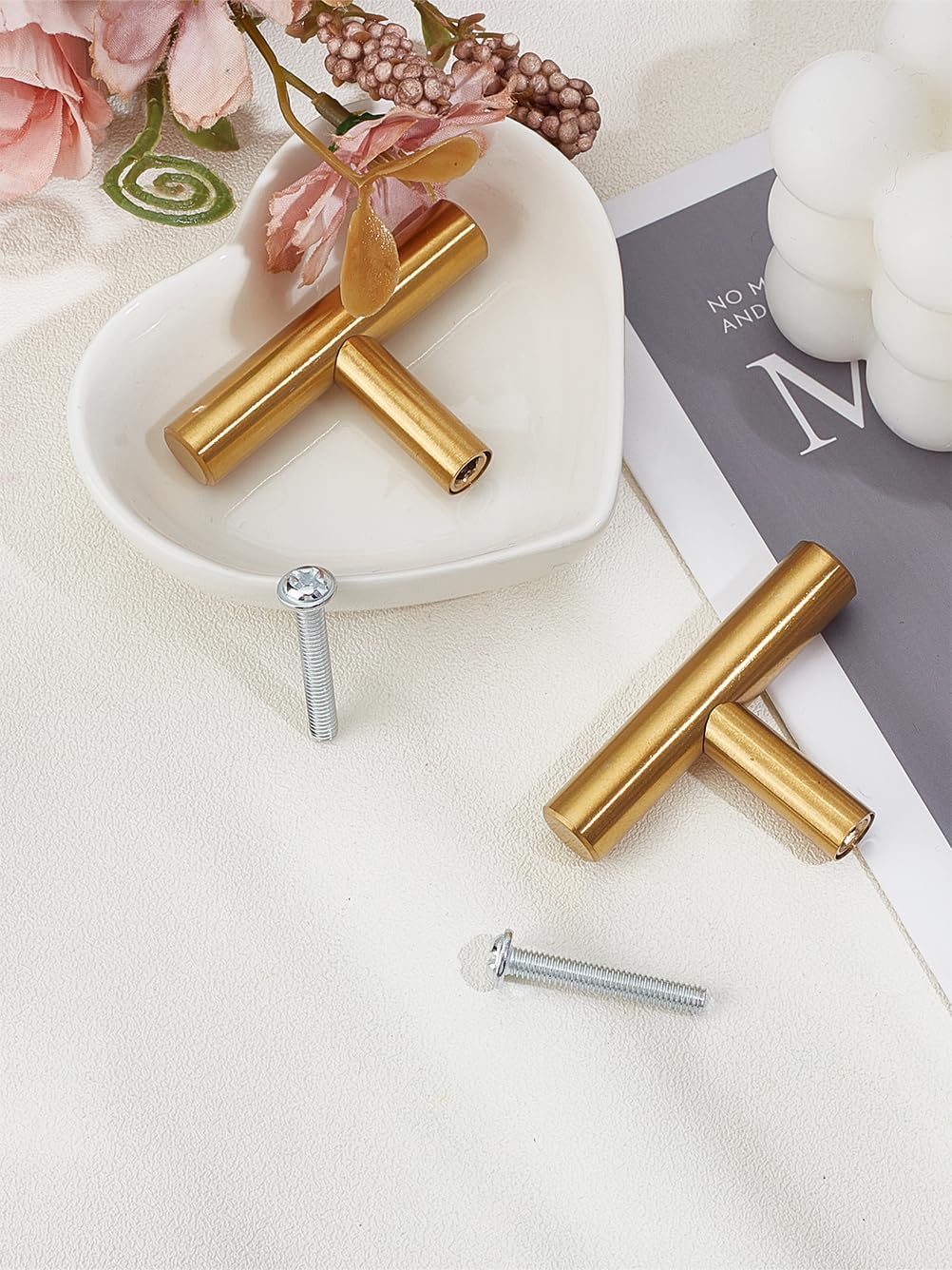 2Pcs Stainless Steel Kitchen Door Knobs, Cabinet T Bar Handle with Screw Golden Drawer Knobs for Closet and Hallway Bedroom Bathroom, 50x32x10mm, Screw: 26x7mm