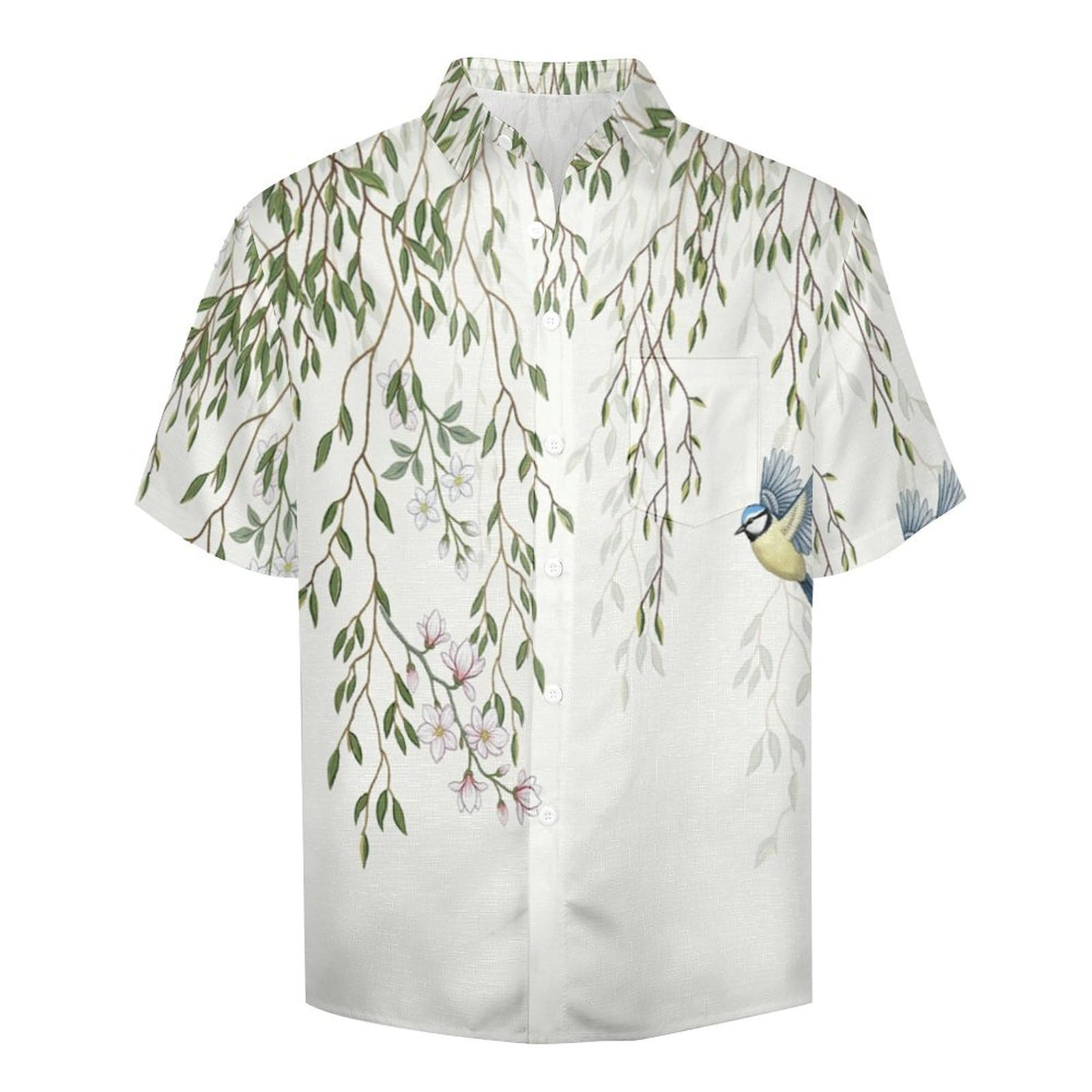 Funky Camicia Hawaiana Uomo, Manica Corta Design Aloha Camicie con Bottoni, Estiva Camicie a Uccelli su Rami di Salice Casual Stampa Spiaggia Estate Disegnato A Mano Camicia