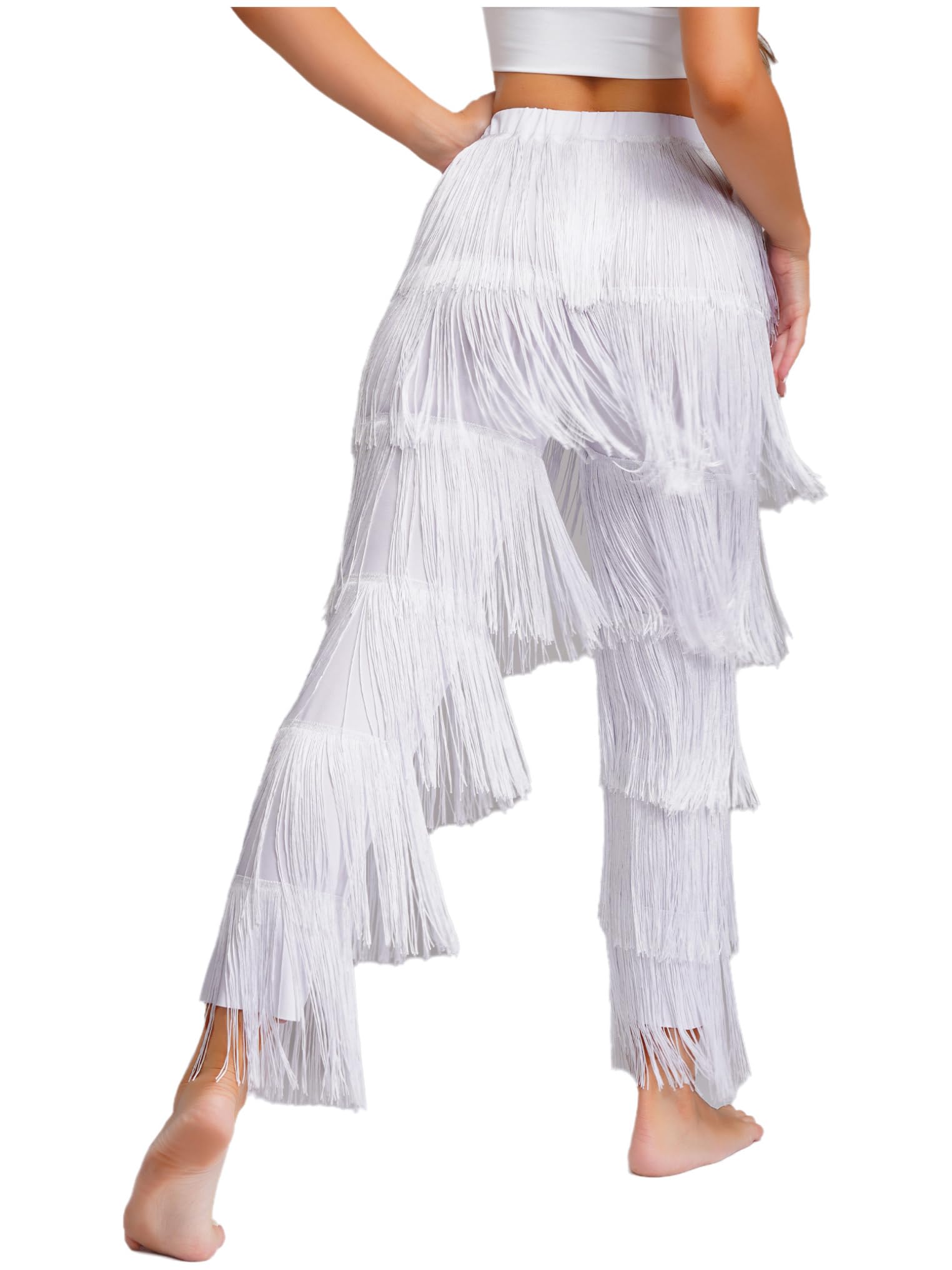 Pantalones Largos Moda con Flecos y Cintura Elástica para Mujer, Pantalones de Baile Latino Rumba Samba y Cha-Cha