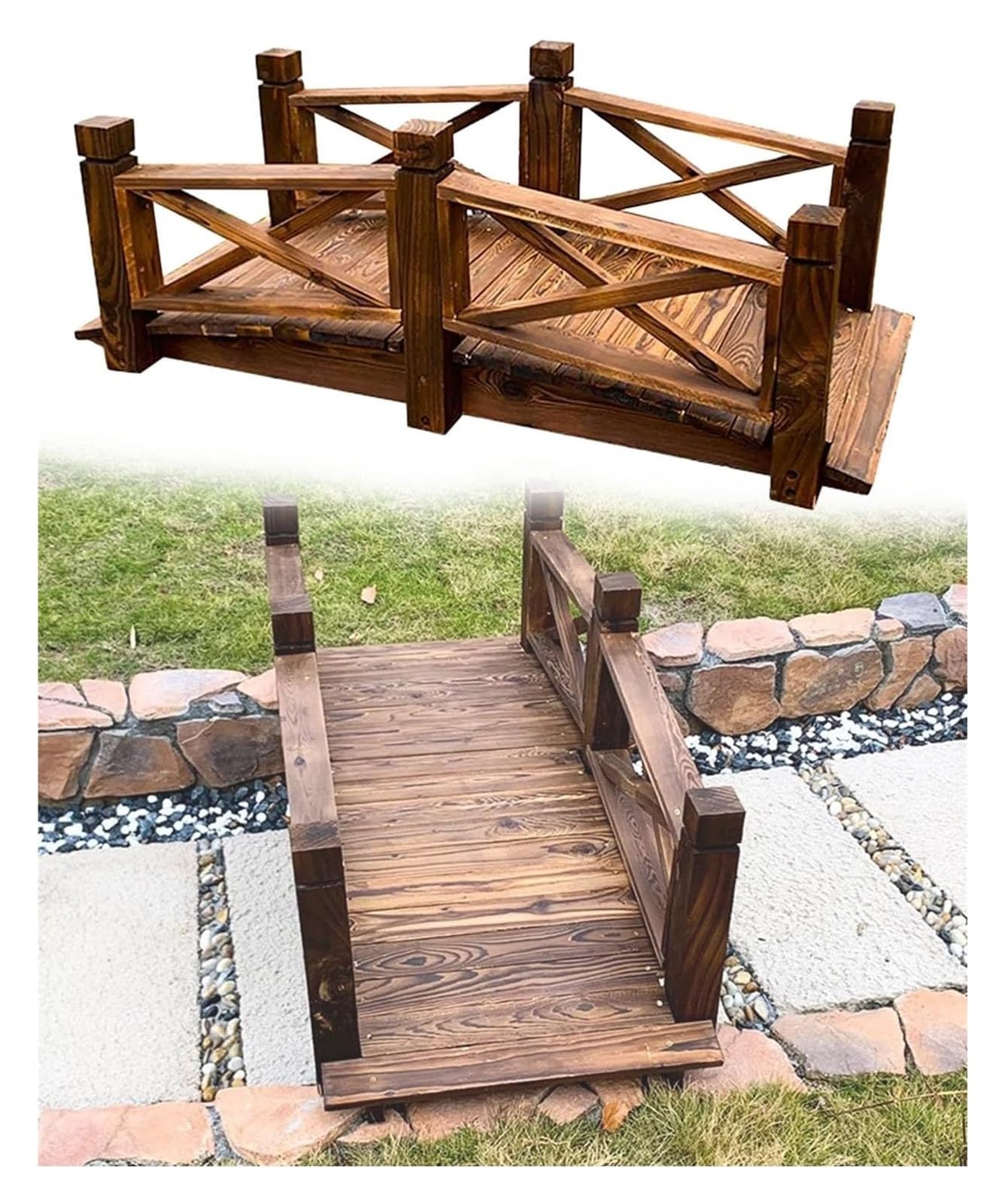 Wooden Garden Bridge, Wood Arc Footbridge, Wood Arch Landscape Bridge for Walkway Path Small Stream, Carbonized Garden Walking Bridge Decorative