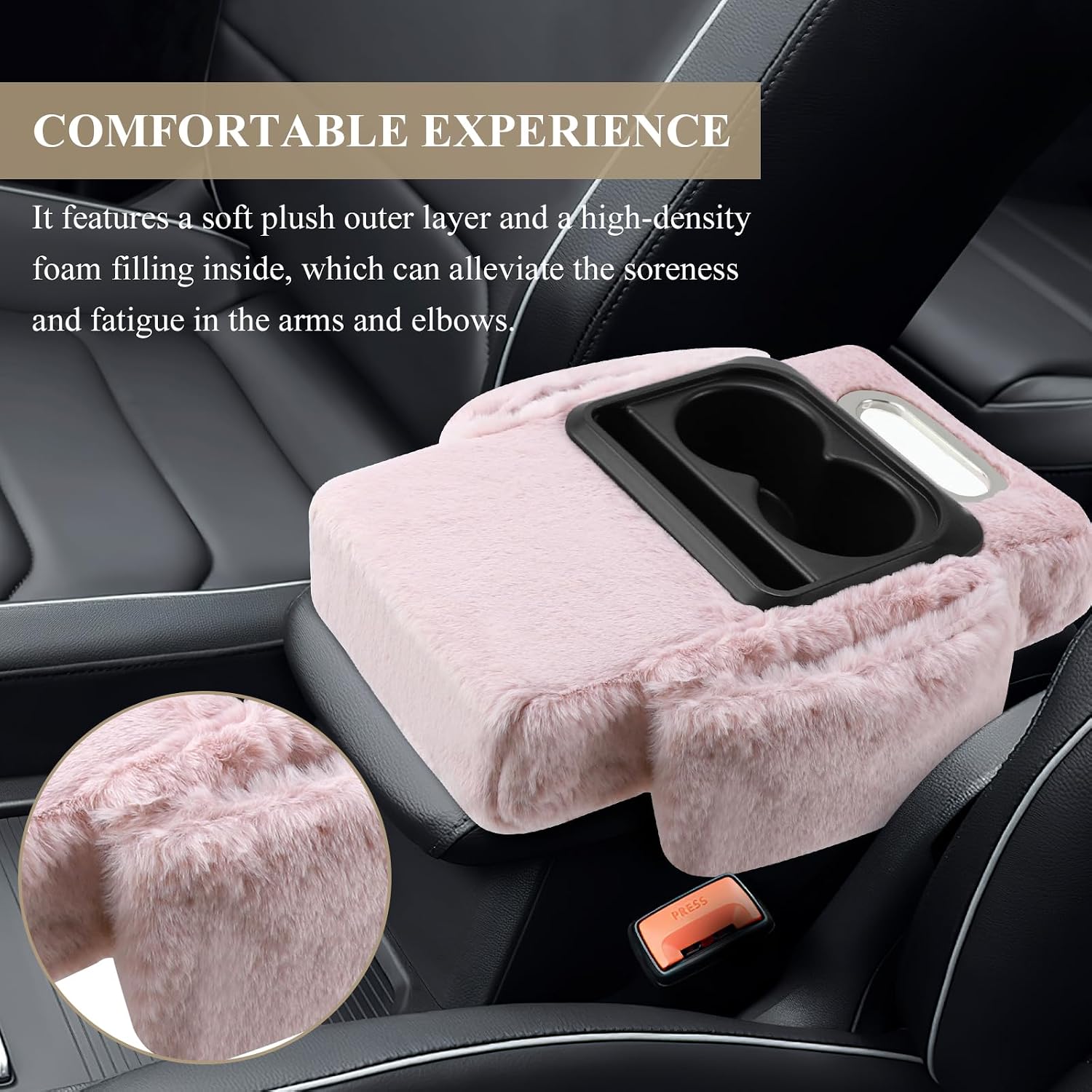wuyaoyao Car Center Console Armrest Pillow, 13.78"×7.87"×2.76" Soft Plush Arm Rest Cover for Cars, 5-in-1 Warm Fluffy Auto Armrest Cushion Pad w/Pocket, Tissue Box, Cup Holder (Pink)