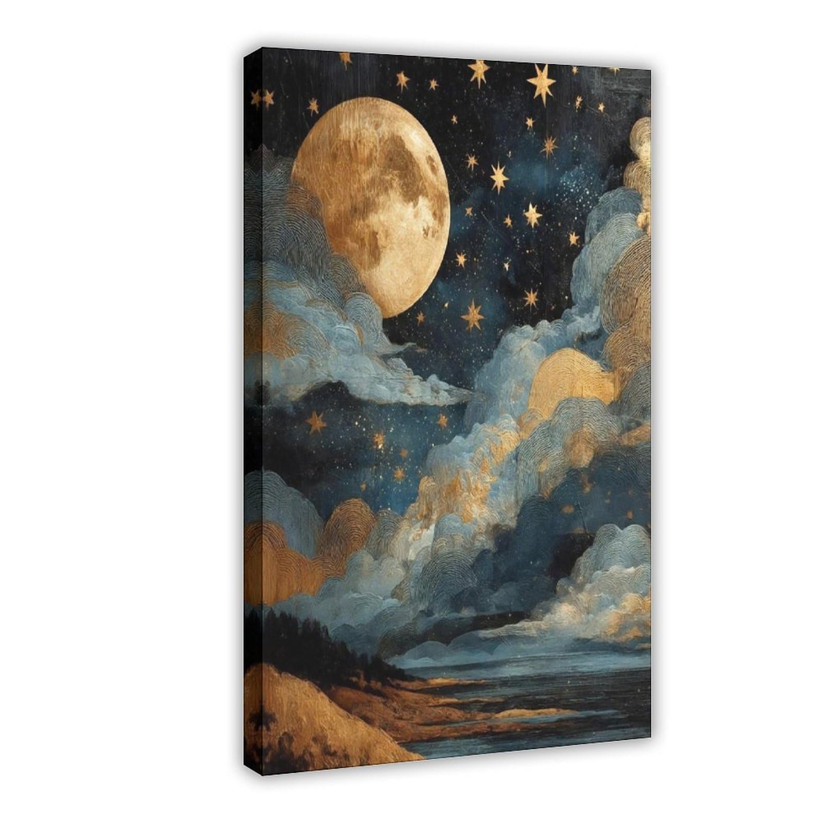 Bareronor Frame Celestial Moon Canvas Poster Bedroom Decor Landscape Office Room Decor Gift 24" L X 36" W