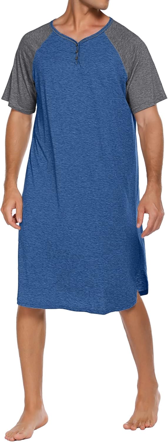 Ekouaer Sleepwear Men's Nightshirt Short Sleeve Pajamas Comfy Big & Tall Henley Sleep Shirt M-XXXL - Image 3