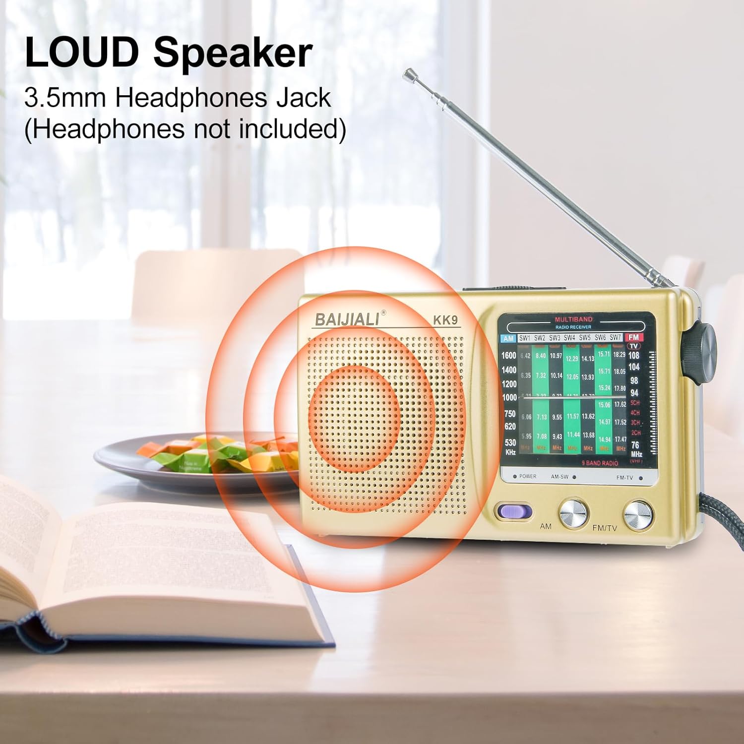 BAIJIALI BLJ-KK9 radio showing speaker and headphone jack