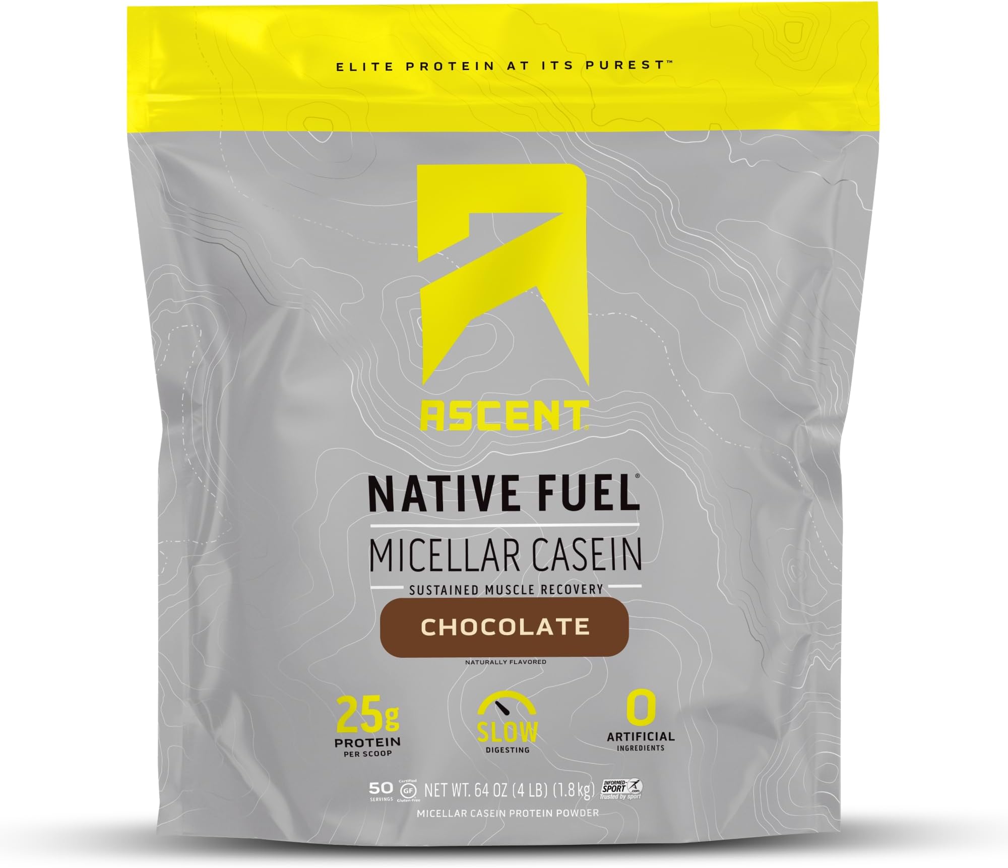 Ascent Native Fuel Casein Protein Powder - 25g Micellar Casein with Zero Artificial Ingredients, Soy & Gluten-Free, No Added Sugar, 4.9g BCAA, 2.2g Leucine - Chocolate, 4 Pounds