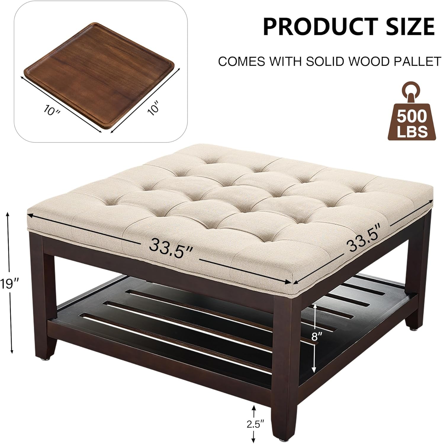 33'' Large Square Ottoman Coffee Table with Storage, Upholstered Button Tufted Footrest Ottoman with Solid Wooden Tray,Coffee Table for Living Room, Light Brown