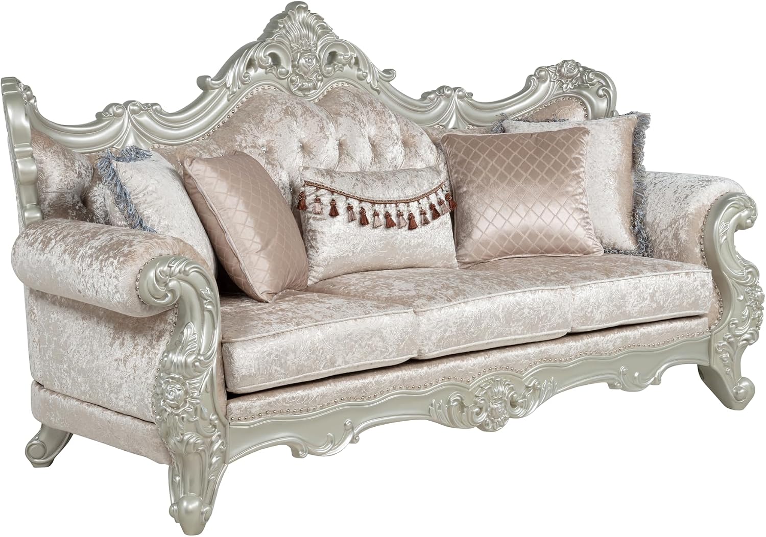 Tlerra Victorian Traditional 95" Sofa with Tufted Backrest, Rolled Armrests, Hand-Carved Floral Wood Frame, Classic 3-Seater Couch for Elegant Living Rooms, Champagne Fabric, Spring Bud Wood Frame