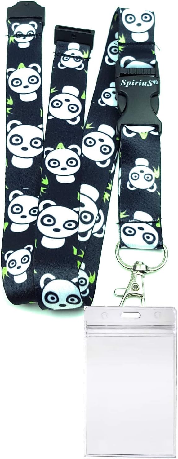 SpiriuS Lanyard Breakaway Neck Strap with Zip-Lock Waterproof Clear Plastic Badge Holder ((Pandas in Black + Waterproof Holder)