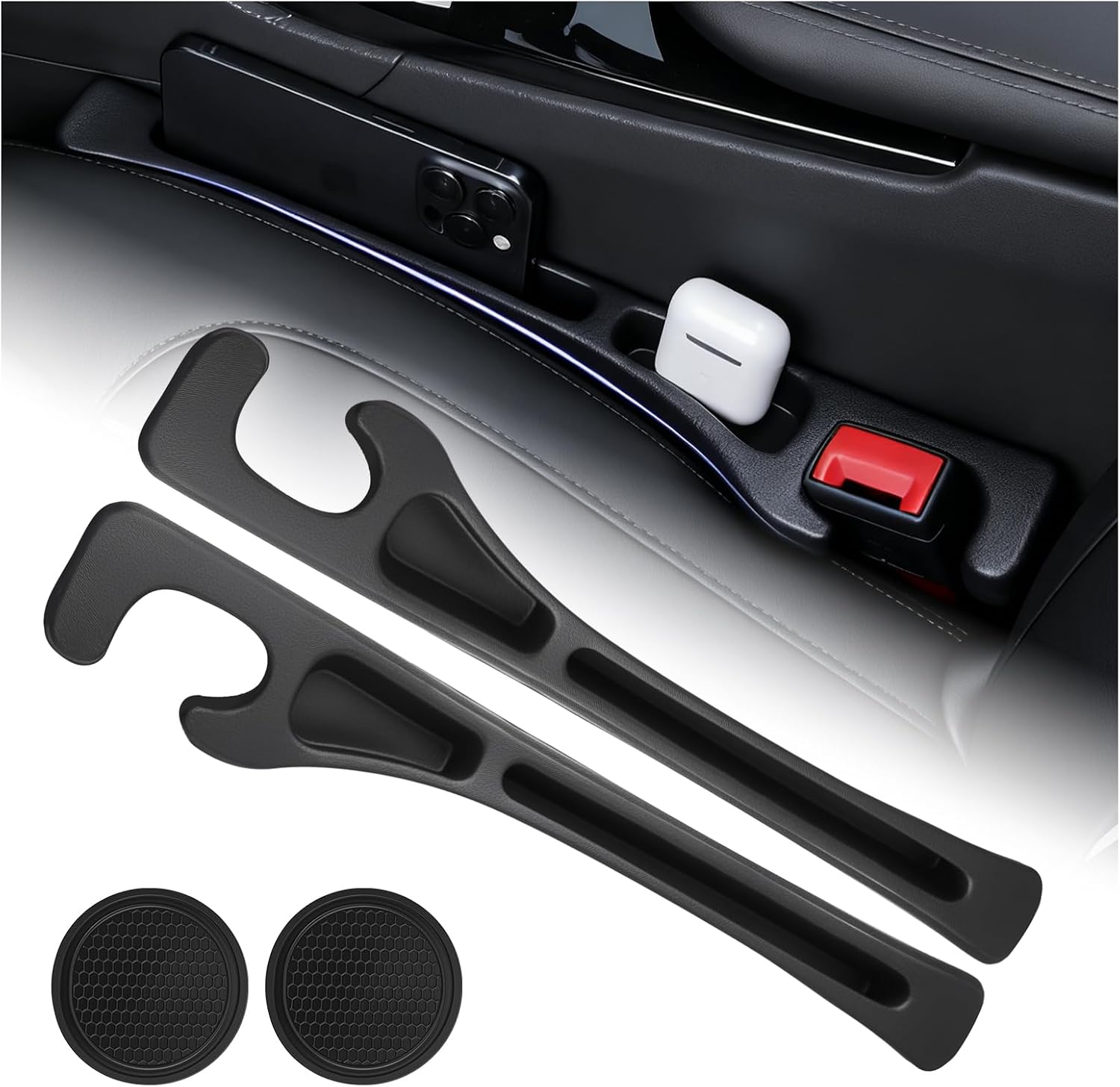 2-in-1 Car Seat Gap Filler Organizer & Car Coasters for Cup Holders Set,New Cars Seat Gap Plug with Storage Slot,Universal in Between Cars Seats Catcher Fit for Trucks SUVs